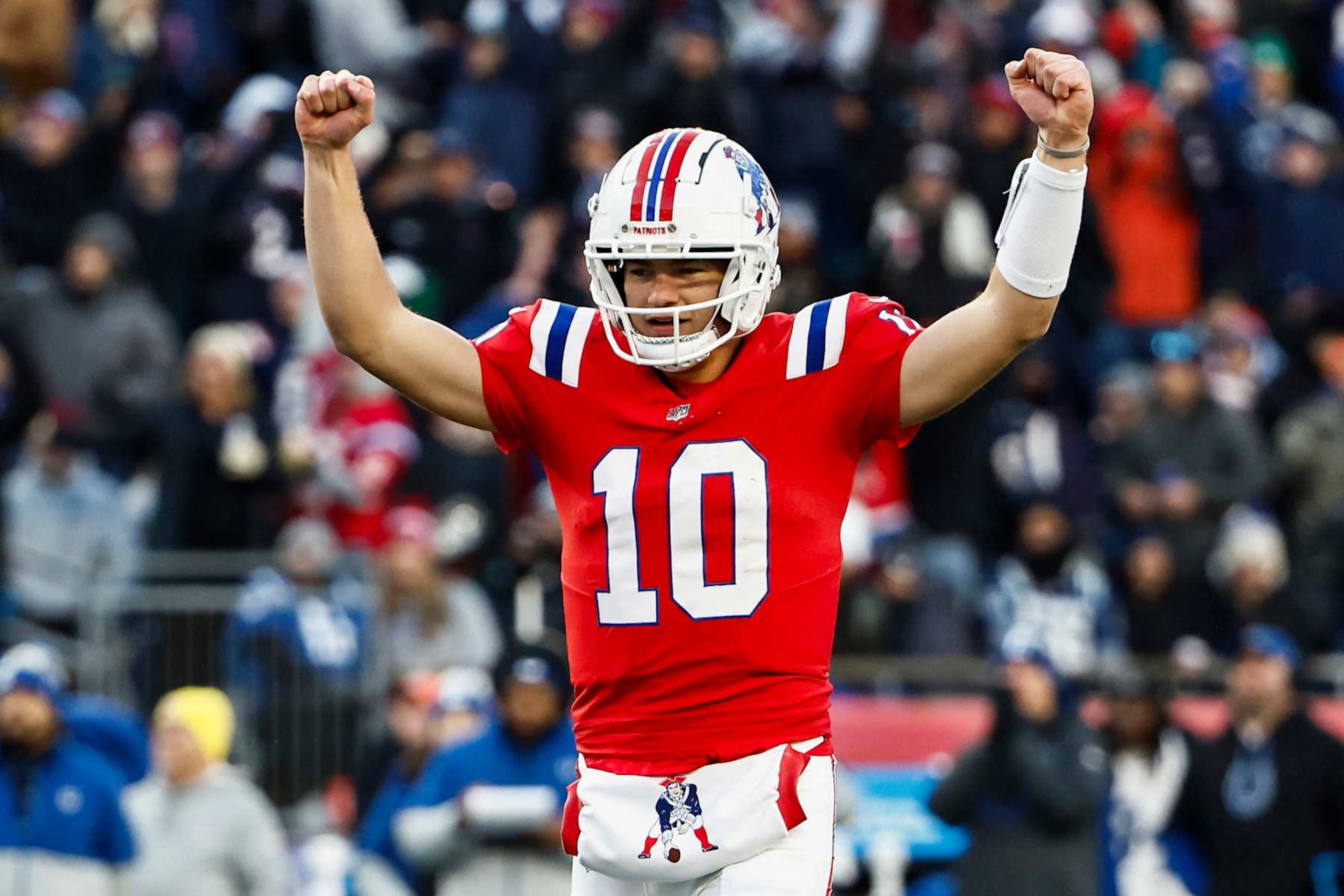 FOXBOROUGH, MA - DECEMBER 1: Drake Maye #10 of the New England Patriots celebrates a touchdown against the Indianapolis Colts during the fourth quarter at Gillette Stadium on December 1, 2024 in Foxborough, Massachusetts.(Photo By Winslow Townson/Getty Images)