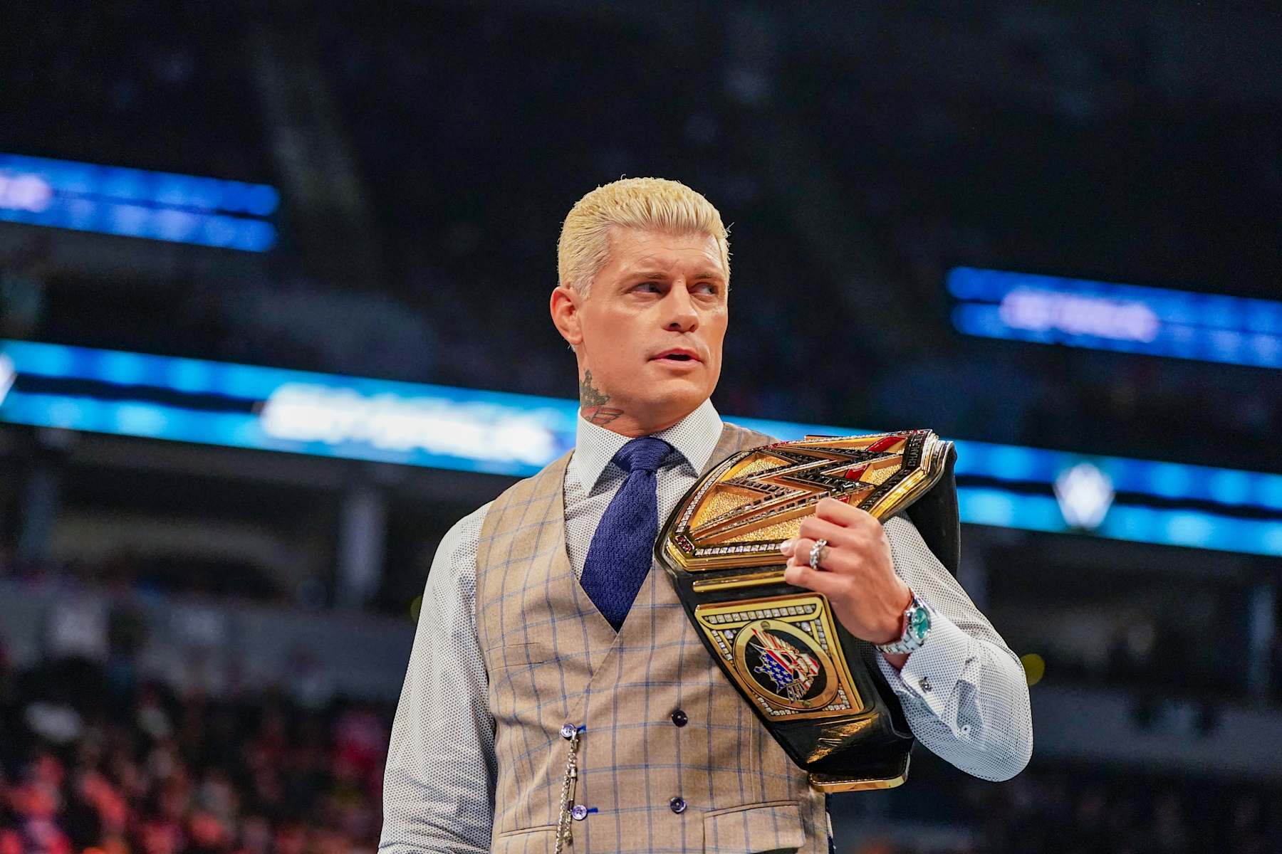 MINNEAPOLIS, MINNESOTA - DECEMBER 6: Cody Rhodes, the Undisputed WWE Champion, looks on during SmackDown at Target Center on December 6, 2024 in Minneapolis, Minnesota.  (Photo by WWE/Getty Images)