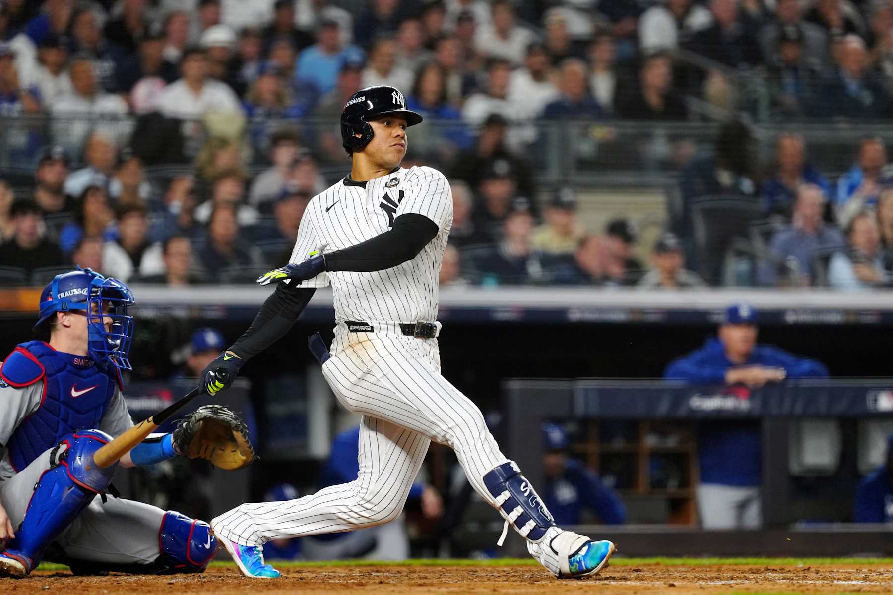 NEW YORK, NY - OCTOBER 30:  Juan Soto #22 of the New York Yankees singles in the fourth inning during Game 5 of the 2024 World Series presented by Capital One between the Los Angeles Dodgers and the New York Yankees at Yankee Stadium on Wednesday, October 30, 2024 in New York, New York. (Photo by Mary DeCicco/MLB Photos via Getty Images)