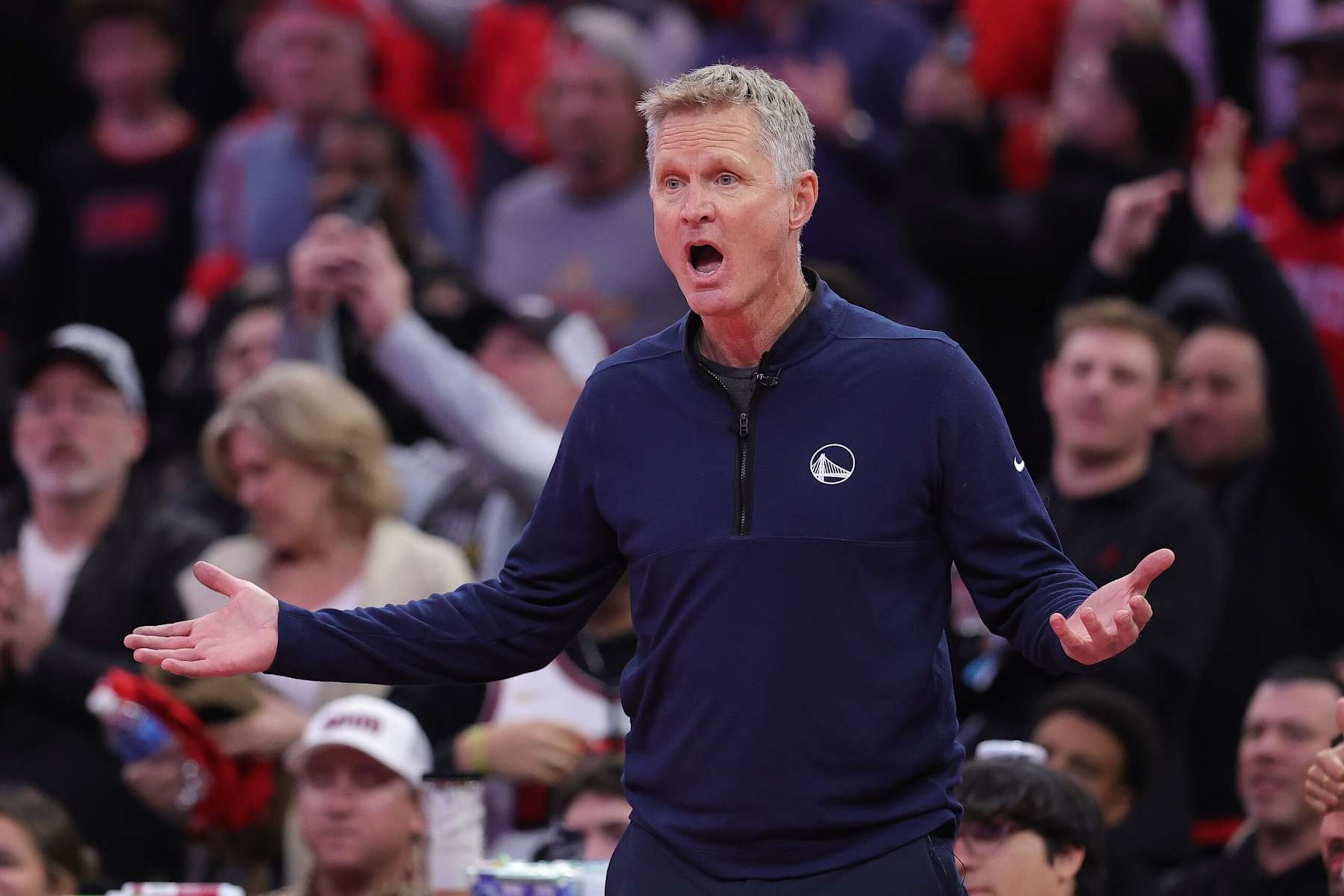 HOUSTON, TEXAS - DECEMBER 11: Head coach Steve Kerr of the Golden State Warriors reacts during the second half of a quarterfinal game against the Houston Rockets in the NBA Emirates Cup at Toyota Center on December 11, 2024 in Houston, Texas. NOTE TO USER: User expressly acknowledges and agrees that, by downloading and or using this photograph, User is consenting to the terms and conditions of the Getty Images License Agreement. (Photo by Alex Slitz/Getty Images)