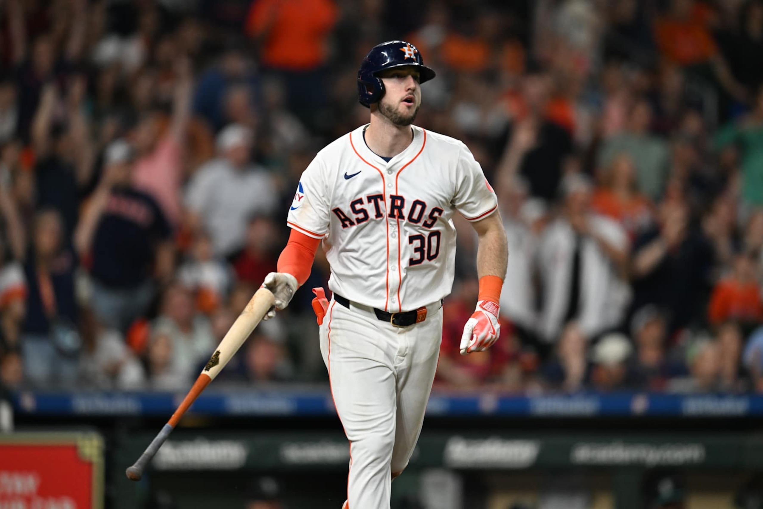 HOUSTON, TEXAS - MAY 05: Kyle Tucker #30 of the Houston Astros hits a two-run home run against the Seattle Mariners at Minute Maid Park on May 05, 2024 in Houston, Texas. (Photo by Jack Gorman/Getty Images)