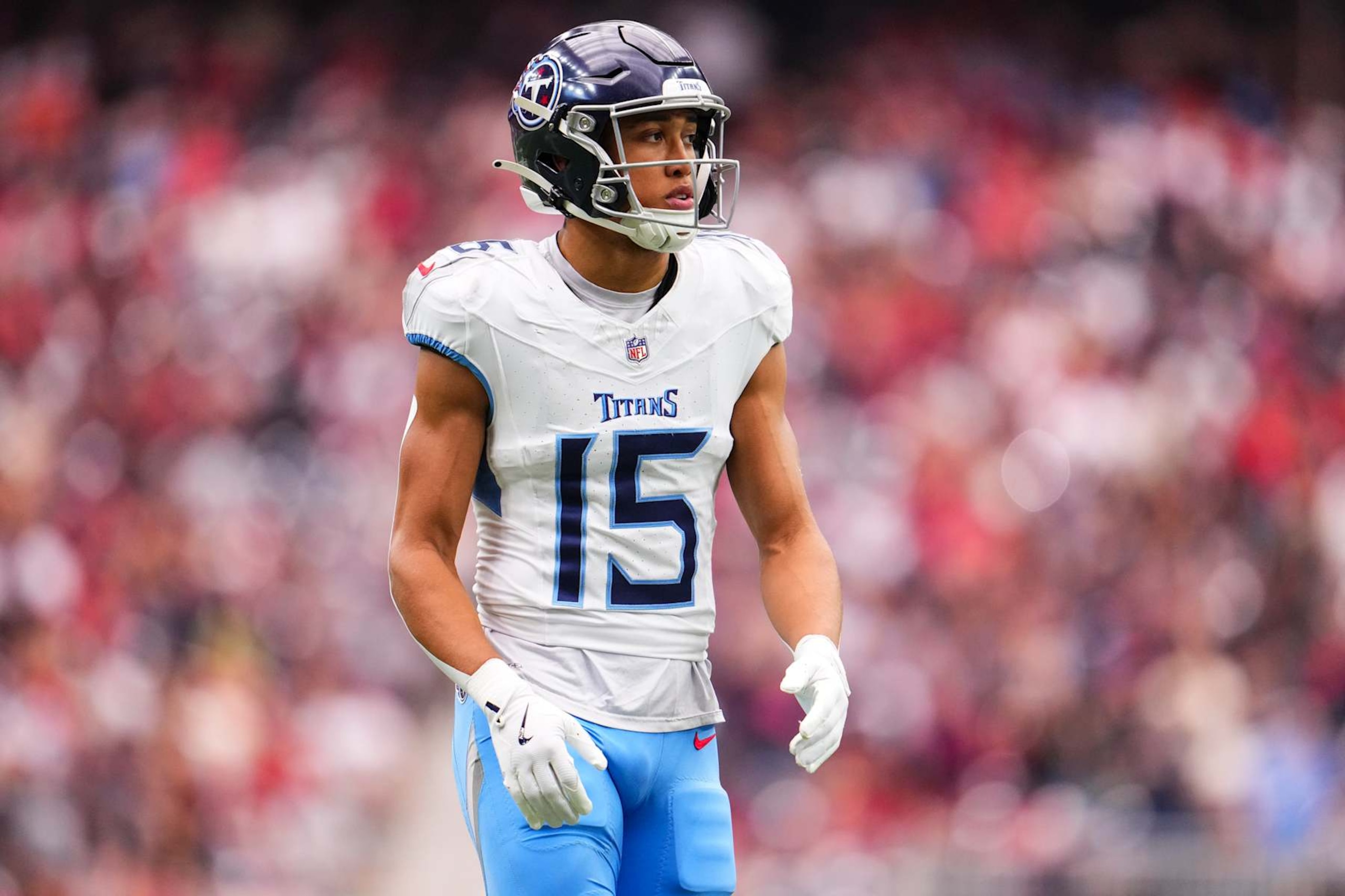 HOUSTON, TX - NOVEMBER 24: Nick Westbrook-Ikhine #15 of the Tennessee Titans looks on from the field during an NFL football game against the Houston Texans at NRG Stadium on November 24, 2024 in Houston, Texas. (Photo by Cooper Neill/Getty Images)