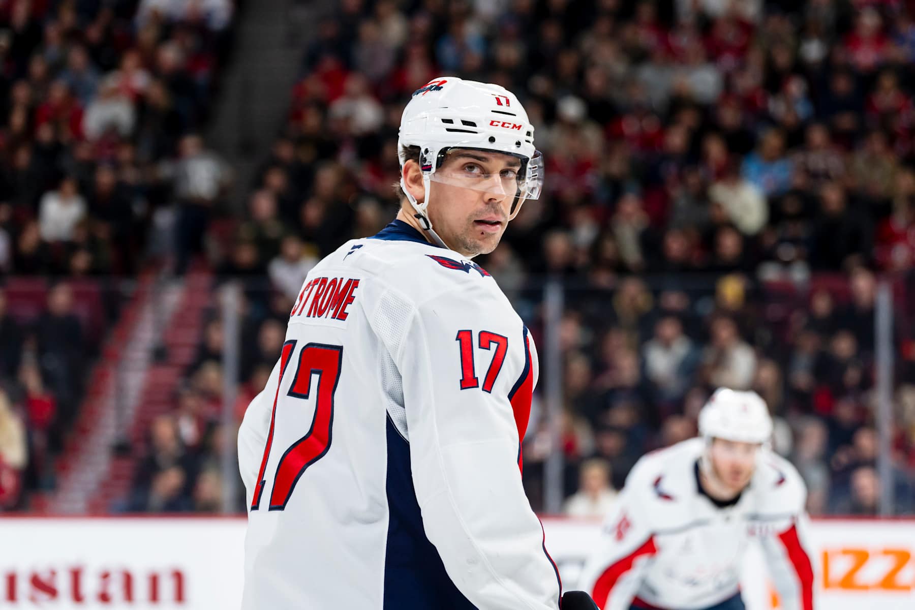 MONTREAL, CANADA- DECEMBER 7: Dylan Strome #17 of the Washington Capitals looks on during the first period of the NHL regular season game between the Montreal Canadiens and the Washington Capitals at the Bell Centre on December 7, 2024 in Montreal, Quebec, Canada. (Photo by Arianne Bergeron/NHLI via Getty Images)