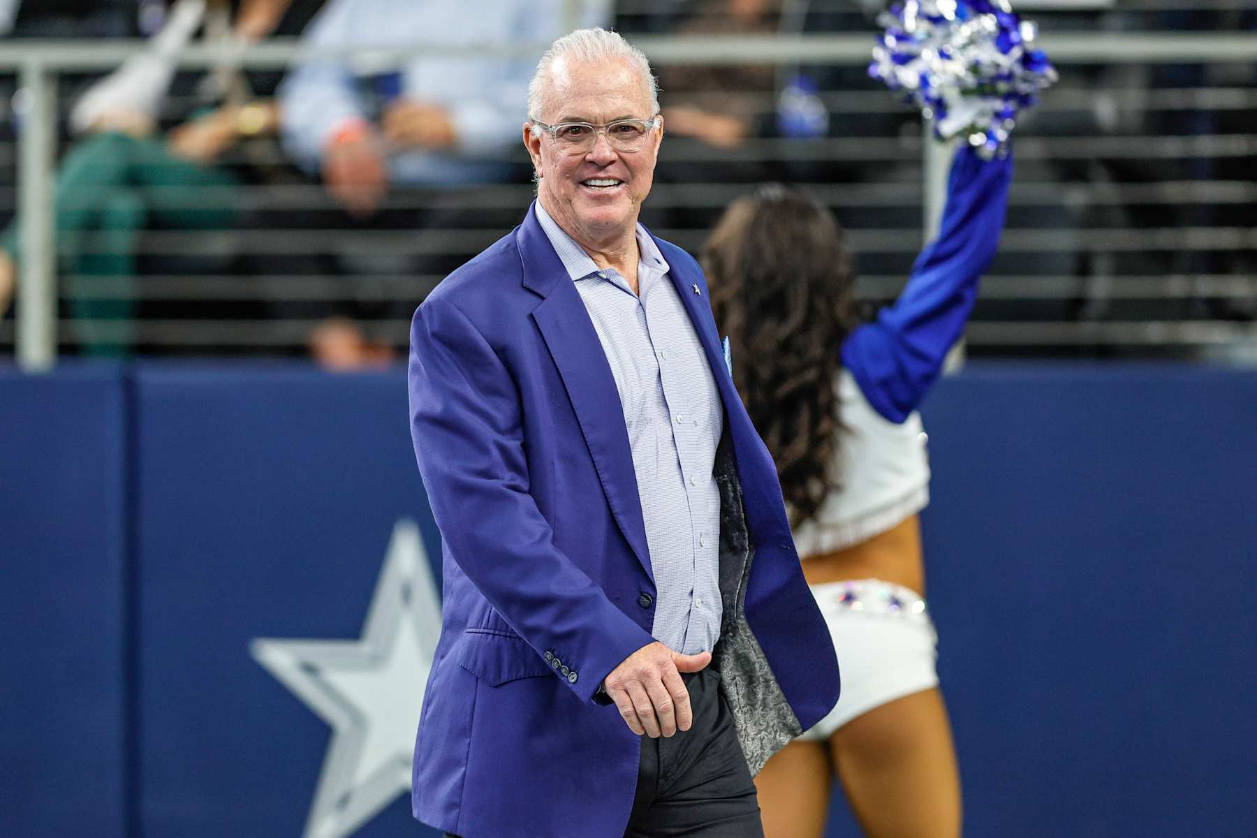 ARLINGTON, TX - NOVEMBER 10: Stephen Jones walks along the sidelines before the game between the Dallas Cowboys and the Philadelphia Eagles on November 10, 2024 at AT&T Stadium in Arlington, Texas. (Photo by Matthew Pearce/Icon Sportswire via Getty Images)