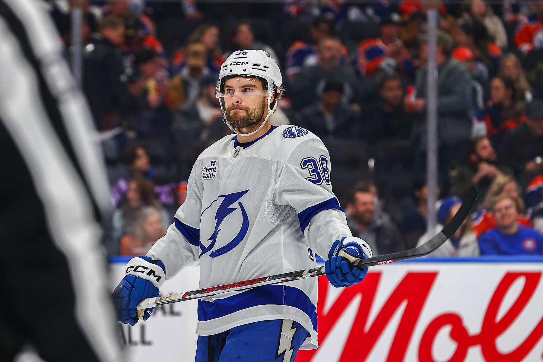 EDMONTON, AB - DECEMBER 10: Tampa Bay Lighting Left Wing Brandon Hagel (38) in action in the first period of the Edmonton Oilers game versus the Tampa Bay Lighting on December 10, 2024 at Rogers Place in Edmonton, AB. (Photo by Curtis Comeau/Icon Sportswire via Getty Images)