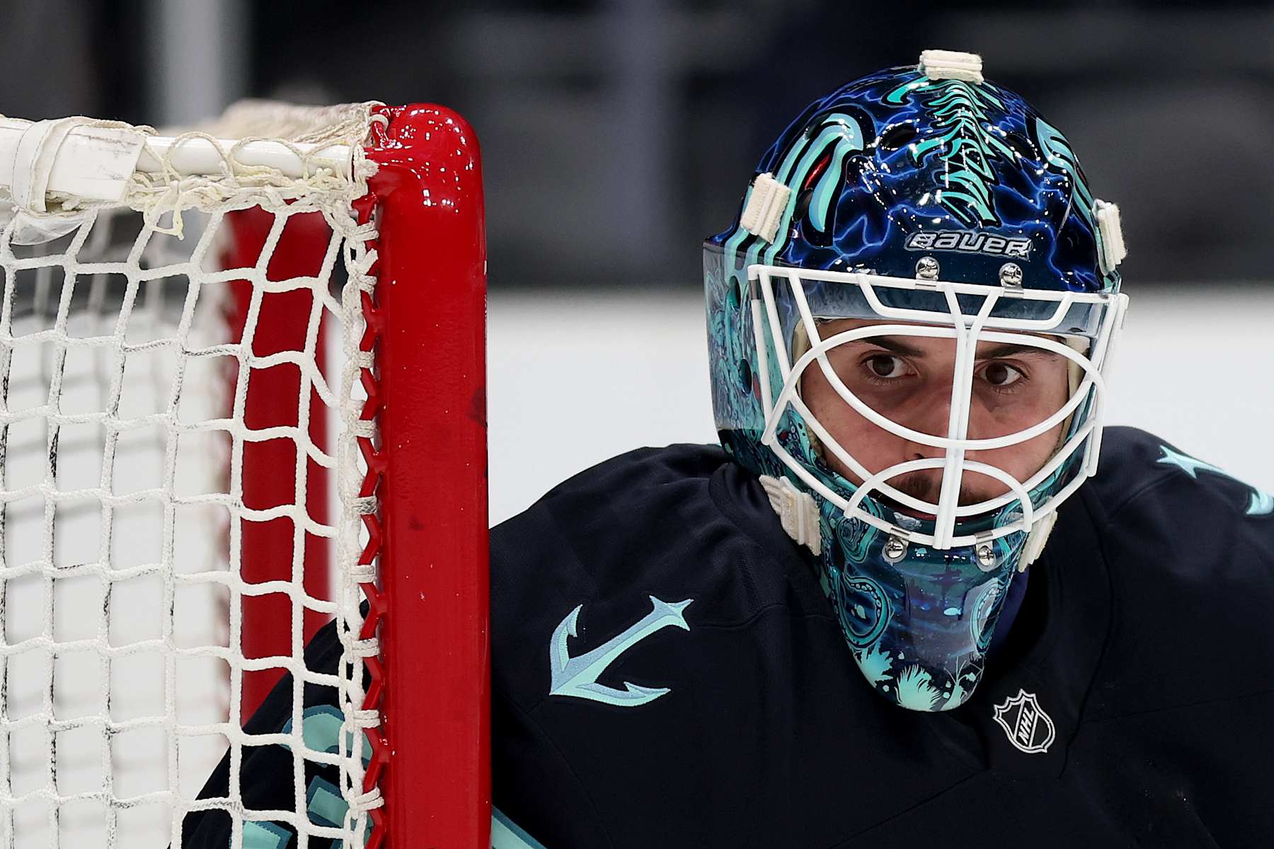 SEATTLE, WASHINGTON - DECEMBER 10: Joey Daccord #35 of the Seattle Kraken warms up before the game against the Florida Panthers at Climate Pledge Arena on December 10, 2024 in Seattle, Washington. (Photo by Steph Chambers/Getty Images)