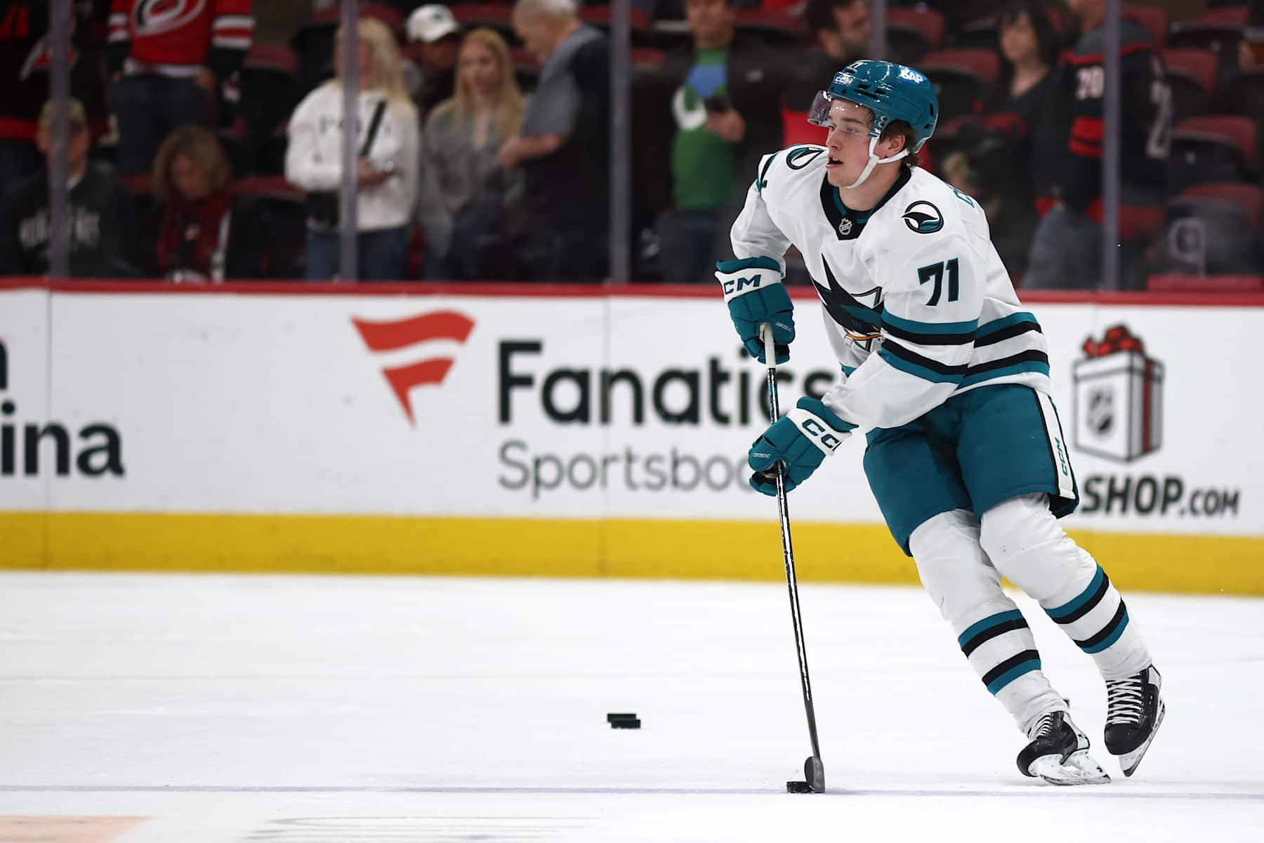 RALEIGH, NORTH CAROLINA - DECEMBER 10: Macklin Celebrini #71 of the San Jose Sharks warms up prior to the game against the Carolina Hurricanes at Lenovo Center on December 10, 2024 in Raleigh, North Carolina. (Photo by Jared C. Tilton/Getty Images)