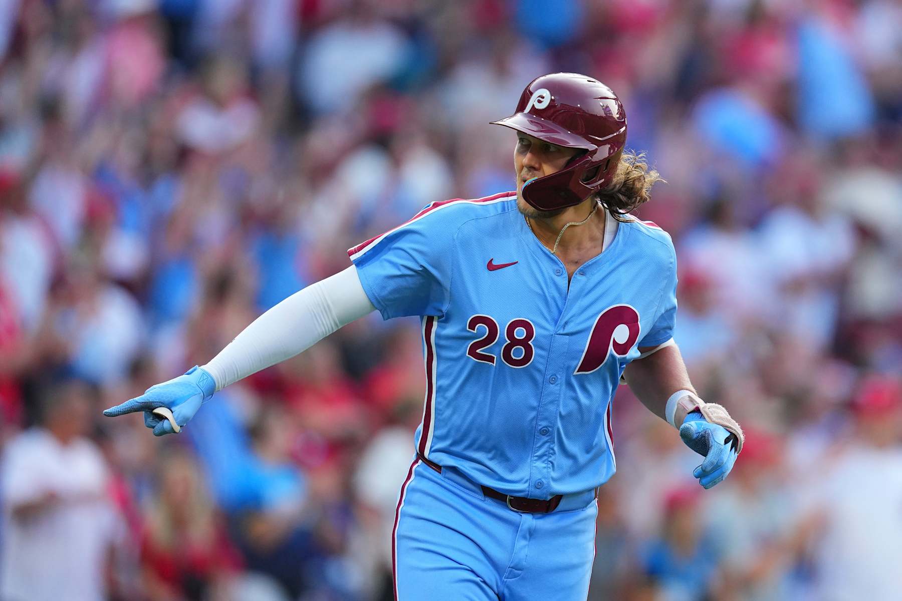 PHILADELPHIA, PENNSYLVANIA - AUGUST 15: Alec Bohm #28 of the Philadelphia Phillies celebrates his three-run home run in the bottom of the first inning against the Washington Nationals at Citizens Bank Park on August 15, 2024 in Philadelphia, Pennsylvania. (Photo by Mitchell Leff/Getty Images)