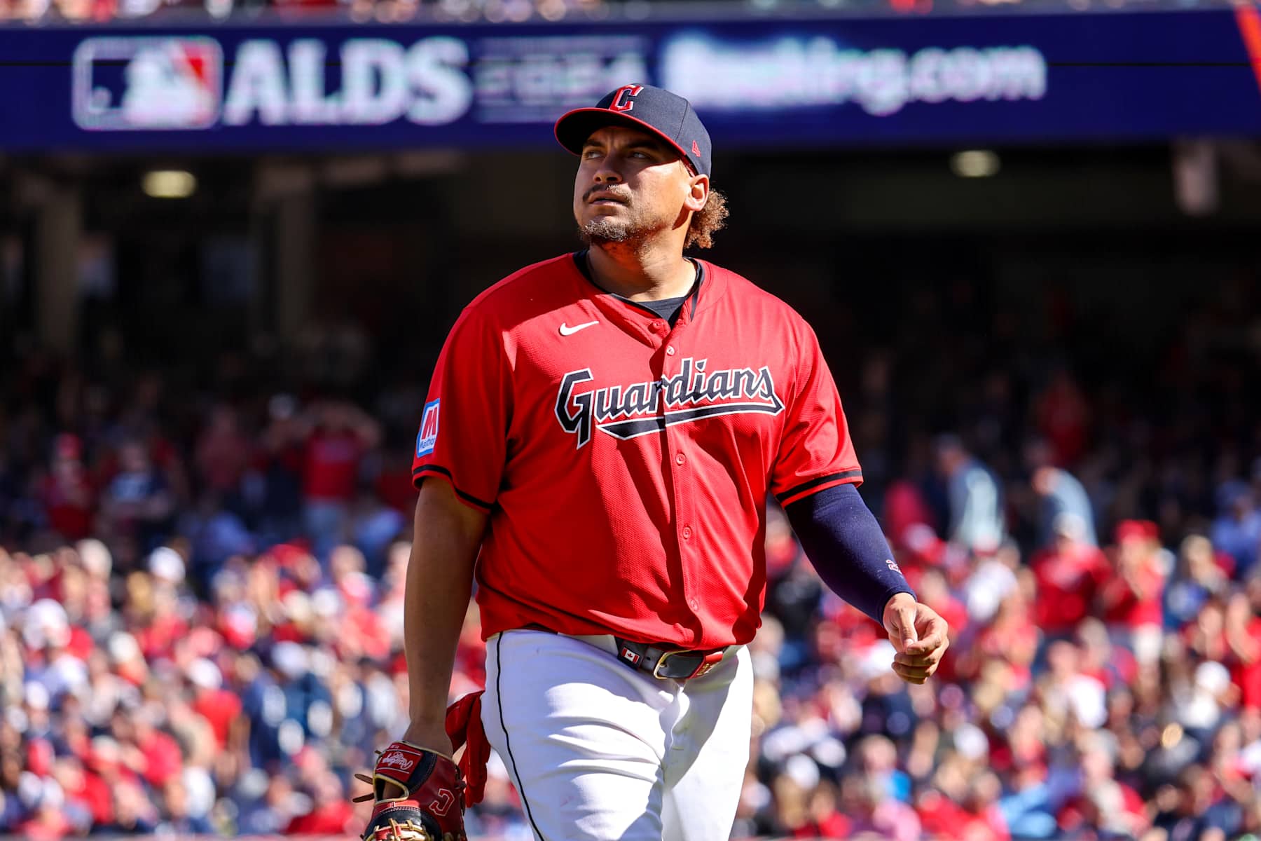 CLEVELAND, OH - OCTOBER 05: Cleveland Guardians first baseman Josh Naylor (22) leaves the field following the fourth inning of the Major League Baseball ALDS Game 1 between the Detroit Tigers and Cleveland Guardians on October 5, 2024, at Progressive Field in Cleveland, OH. (Photo by Frank Jansky/Icon Sportswire via Getty Images)