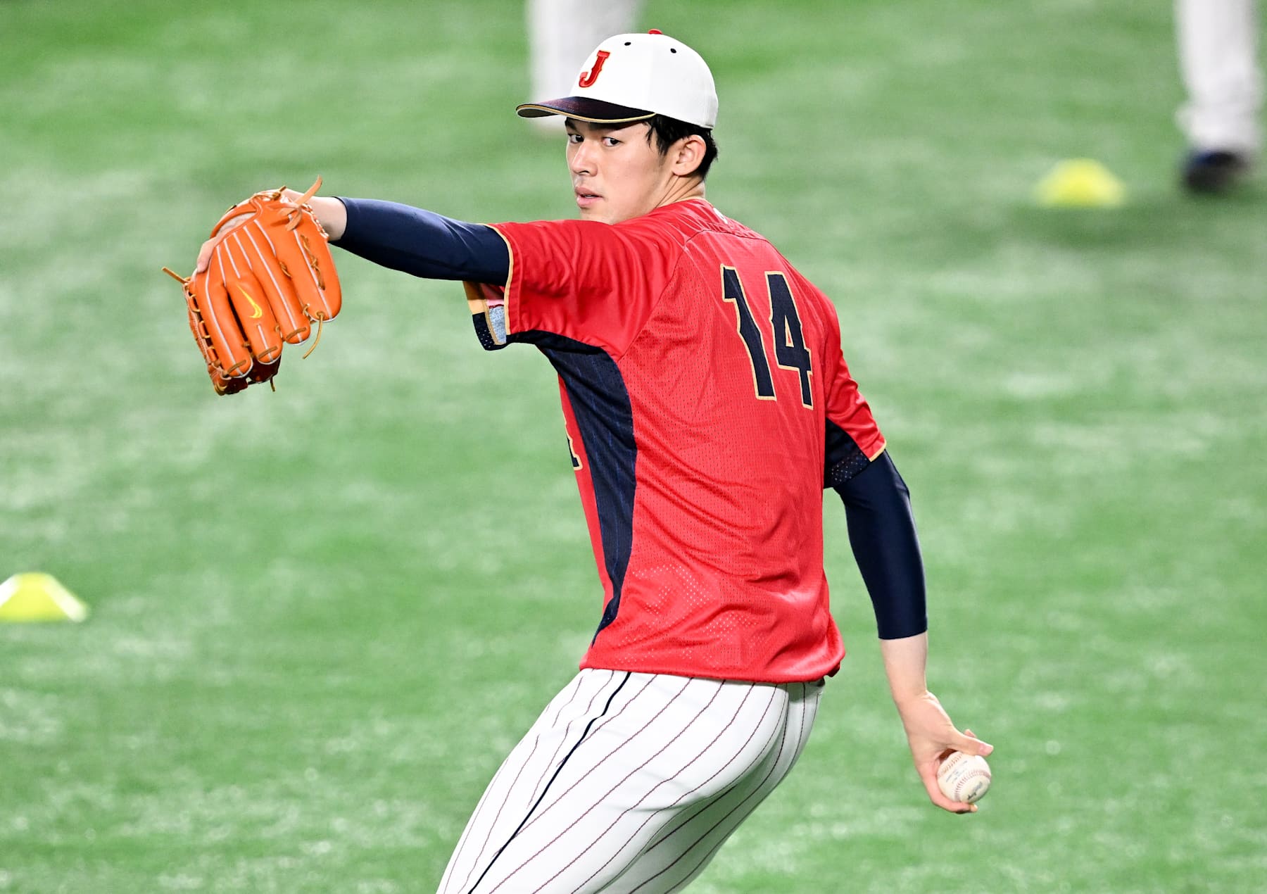 TOKYO, JAPAN - MARCH 14: Roki Sasaki #14 of Team Japan practices during a training session at Tokyo Dome on March 14, 2023 in Tokyo, Japan. (Photo by Gene Wang/Getty Images)