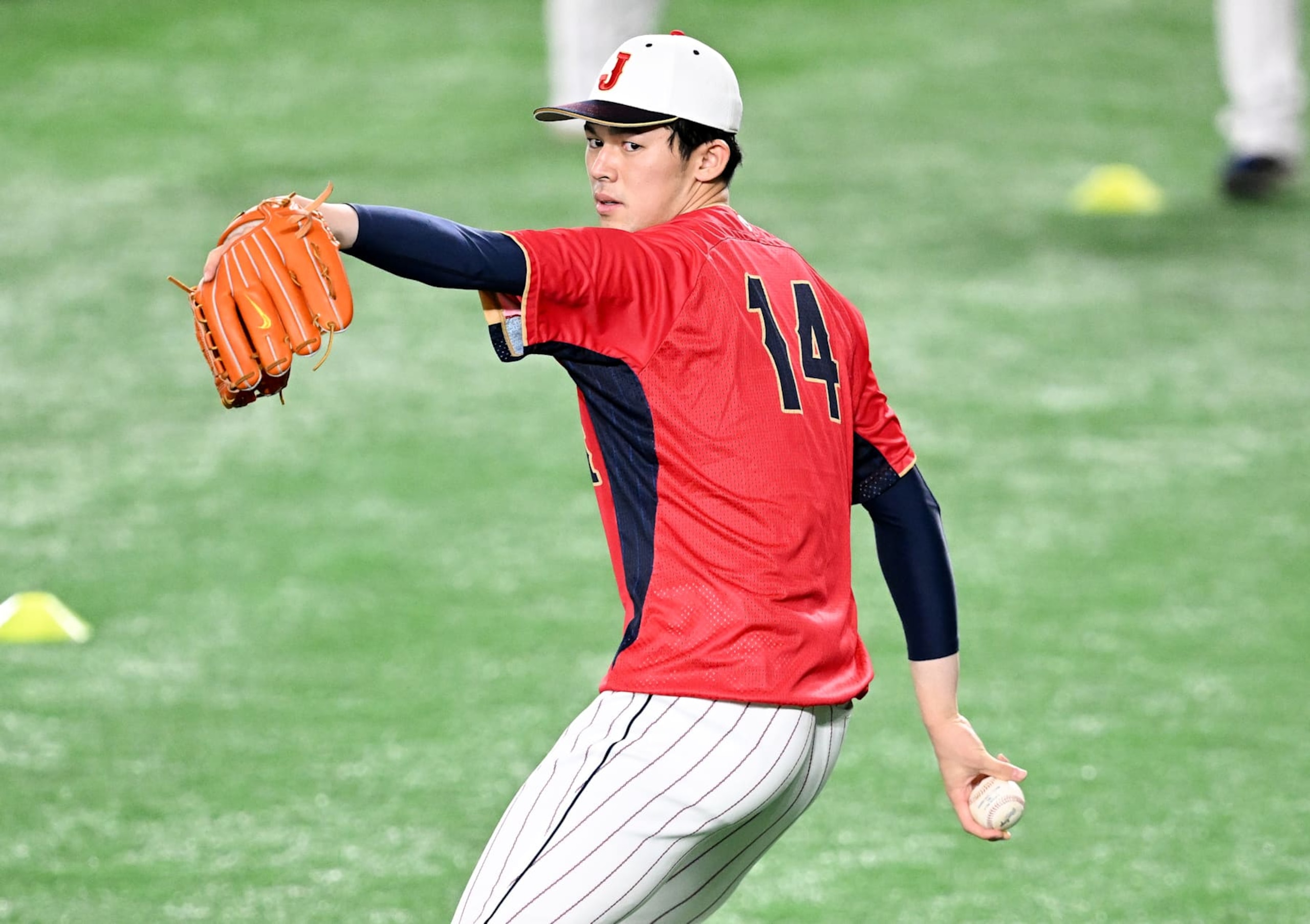TOKYO, JAPAN - MARCH 14: Roki Sasaki #14 of Team Japan practices during a training session at Tokyo Dome on March 14, 2023 in Tokyo, Japan. (Photo by Gene Wang/Getty Images)