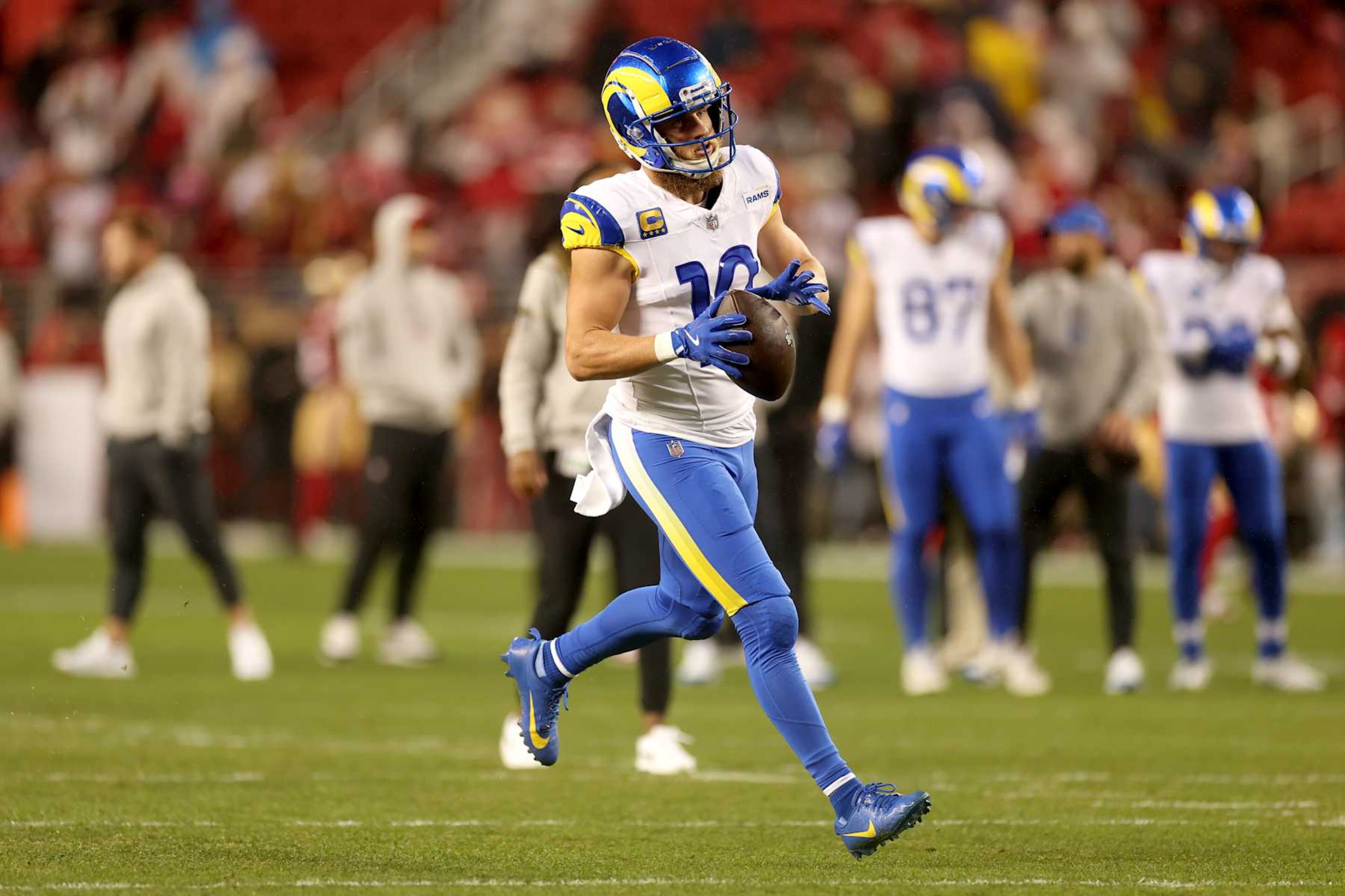 SANTA CLARA, CALIFORNIA - DECEMBER 12: Cooper Kupp #10 of the Los Angeles Rams warms up prior to the game against the San Francisco 49ers at Levi's Stadium on December 12, 2024 in Santa Clara, California. (Photo by Ezra Shaw/Getty Images)