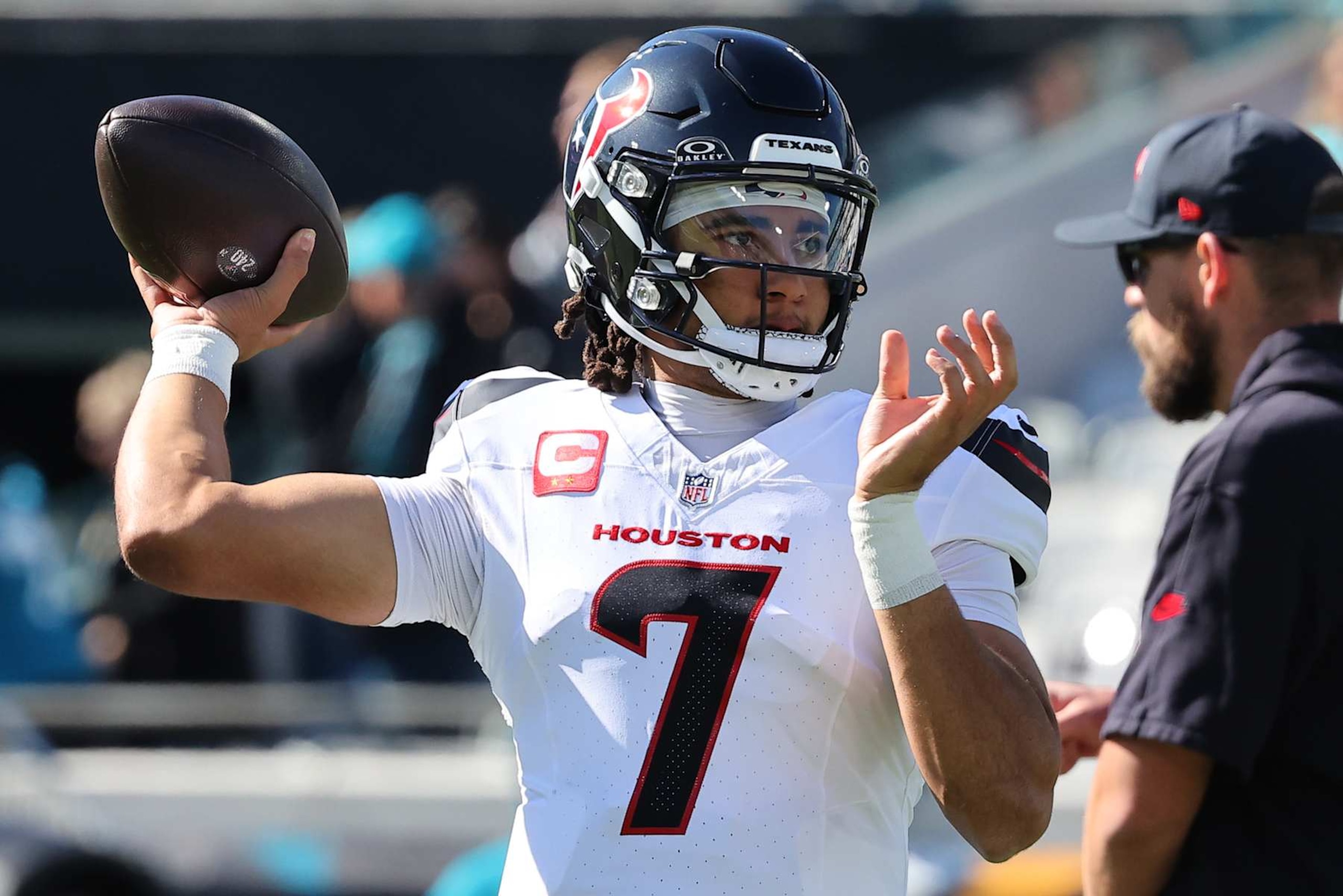 JACKSONVILLE, FLORIDA - DECEMBER 01: Quarterback C.J. Stroud #7 of the Houston Texans warms up prior to a game against the Jacksonville Jaguars at EverBank Stadium on December 01, 2024 in Jacksonville, Florida. (Photo by Mike Carlson/Getty Images) JACKSONVILLE, FLORIDA - DECEMBER 01: Quarterback C.J. Stroud #7 of the Houston Texans warms up prior to a game against the Jacksonville Jaguars at EverBank Stadium on December 01, 2024 in Jacksonville, Florida. (Photo by Mike Carlson/Getty Images)