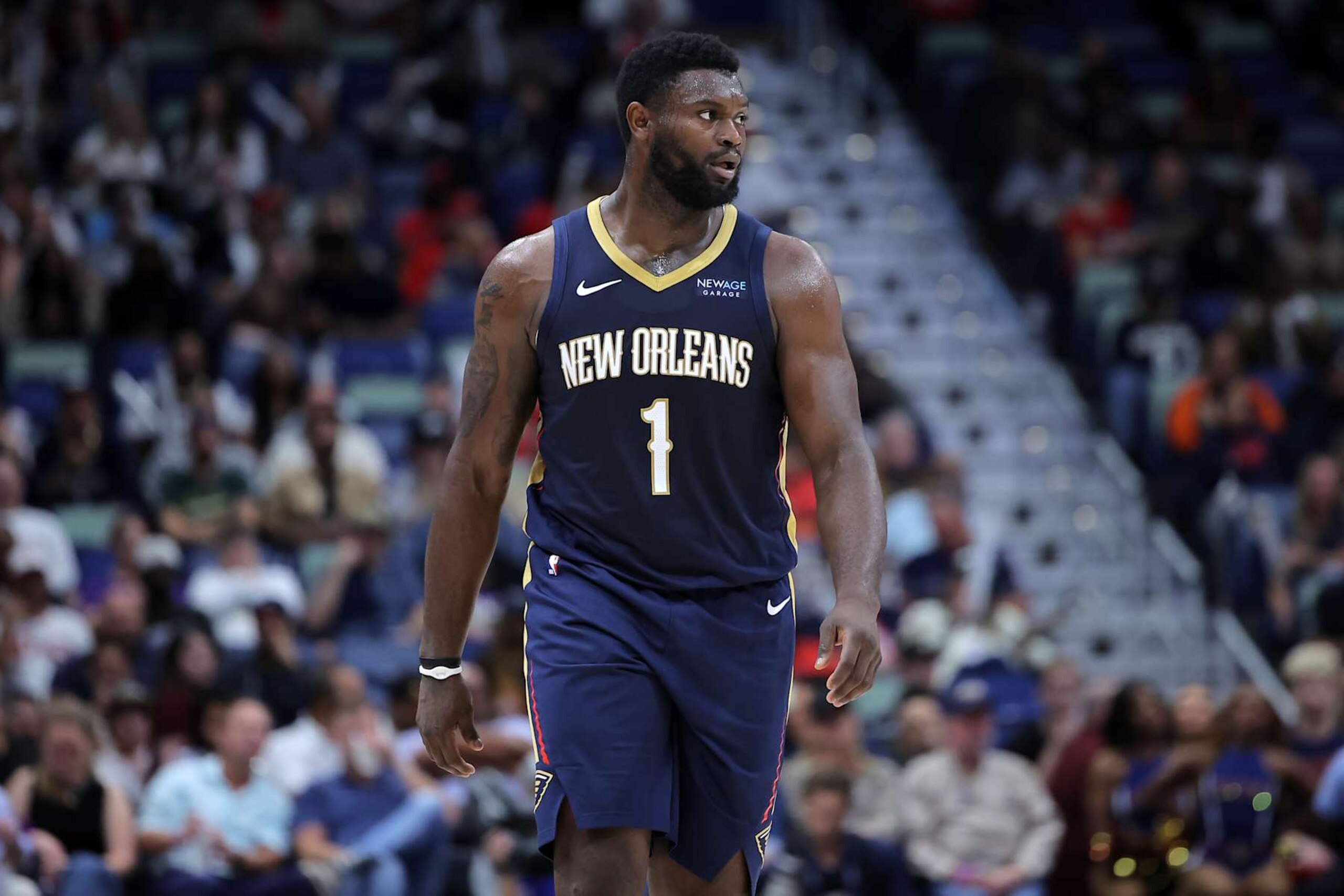 NEW ORLEANS, LOUISIANA - NOVEMBER 06: Zion Williamson #1 of the New Orleans Pelicans reacts against the Cleveland Cavaliers during the second half at the Smoothie King Center on November 06, 2024 in New Orleans, Louisiana. NOTE TO USER: User expressly acknowledges and agrees that, by downloading and or using this Photograph, user is consenting to the terms and conditions of the Getty Images License Agreement. (Photo by Jonathan Bachman/Getty Images)