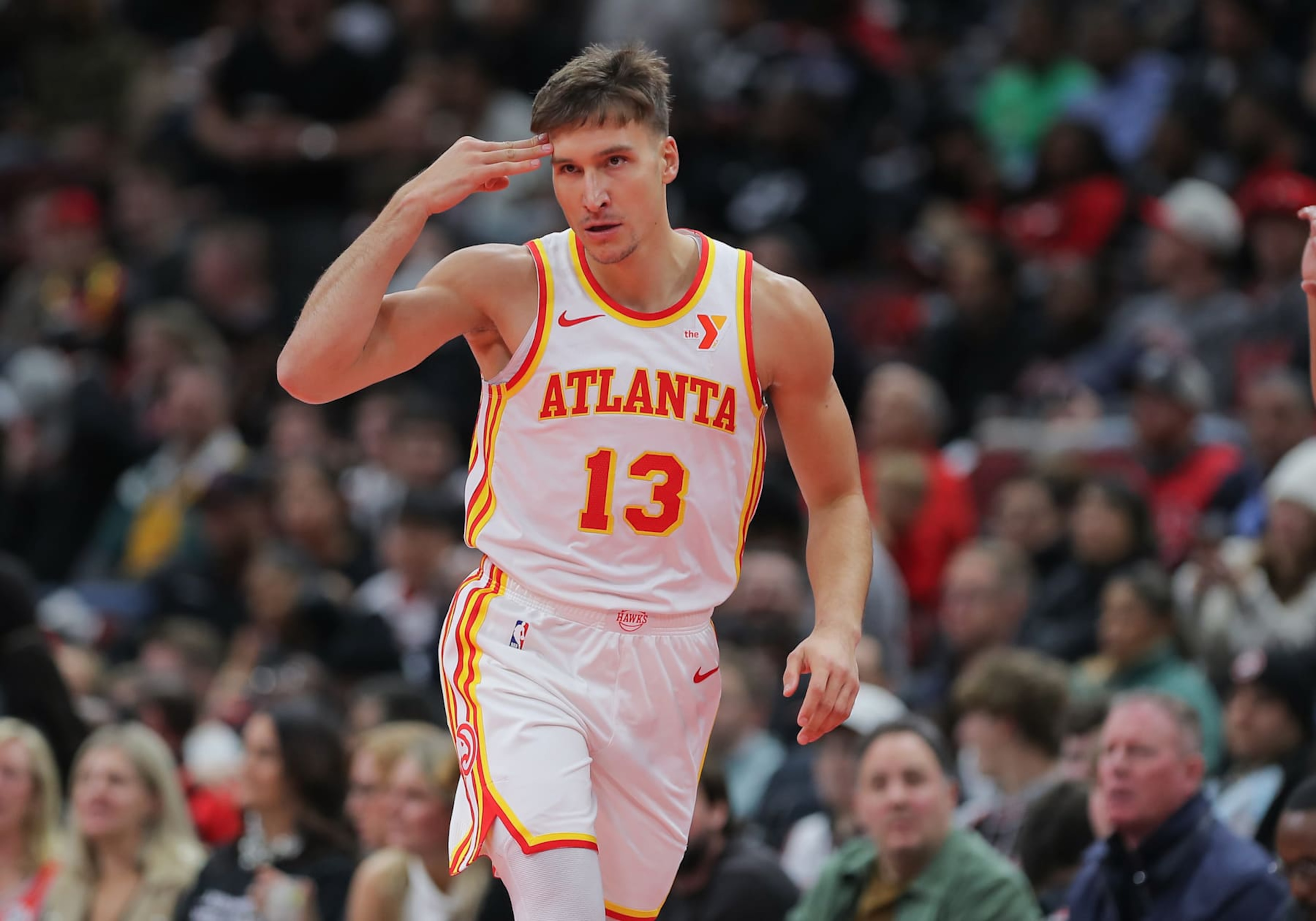 CHICAGO, IL - NOVEMBER 22: Bogdan Bogdanovic #13 of the Atlanta Hawks reacts after making a 3-point basket
during the second half of the NBA In-Season Tournament against the Chicago Bulls on November, 22, 2024 at the United Center in Chicago, Illinois. (Photo by Melissa Tamez/Icon Sportswire via Getty Images) CHICAGO, IL - NOVEMBER 22: Bogdan Bogdanovic #13 of the Atlanta Hawks reacts after making a 3-point basket
during the second half of the NBA In-Season Tournament against the Chicago Bulls on November, 22, 2024 at the United Center in Chicago, Illinois. (Photo by Melissa Tamez/Icon Sportswire via Getty Images)
