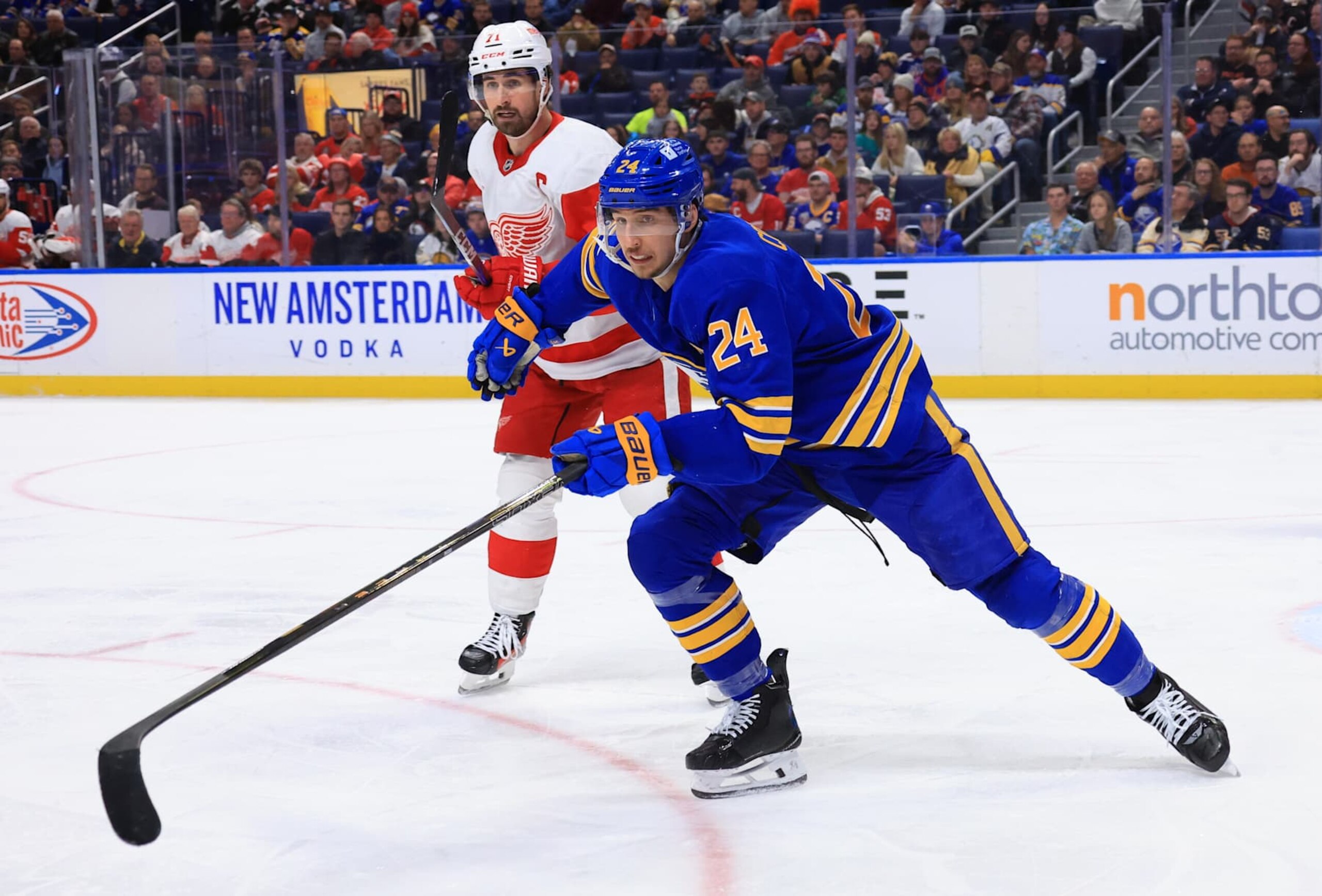 BUFFALO, NEW YORK - DECEMBER 9: Dylan Cozens #24 of the Buffalo Sabres skates against Dylan Larkin #71 of the Detroit Red Wings during an NHL game on December 9, 2024 at KeyBank Center in Buffalo, New York. (Photo by Bill Wippert/NHLI via Getty Images) BUFFALO, NEW YORK - DECEMBER 9: Dylan Cozens #24 of the Buffalo Sabres skates against Dylan Larkin #71 of the Detroit Red Wings during an NHL game on December 9, 2024 at KeyBank Center in Buffalo, New York. (Photo by Bill Wippert/NHLI via Getty Images)