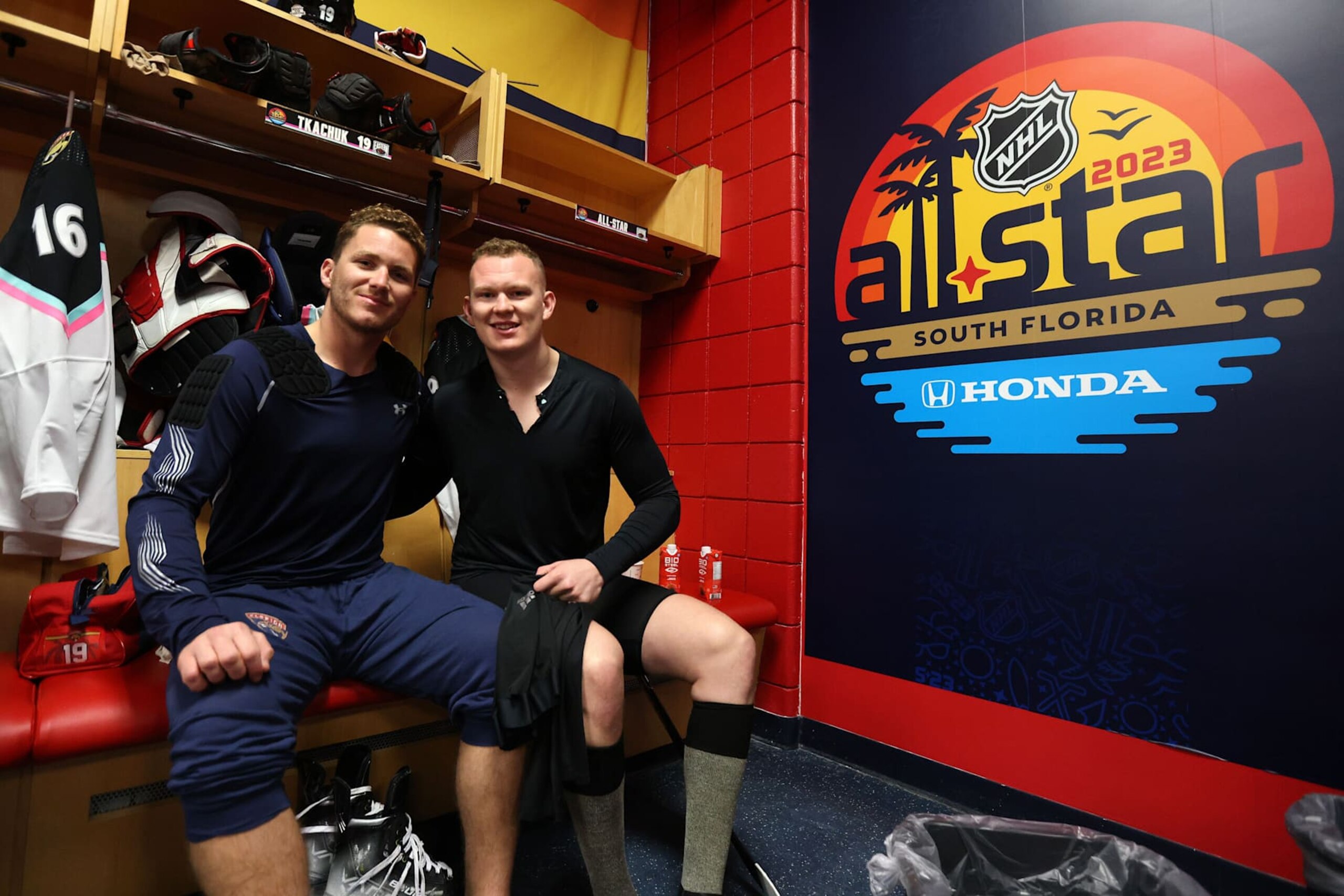 SUNRISE, FLORIDA - FEBRUARY 04: (L-R) Brothers Matthew Tkachuk #19 of the Florida Panthers and Brady Tkachuk #7 of the Ottawa Senators get ready in the locker room prior to the 2023 Honda NHL All-Star game at FLA Live Arena on February 04, 2023 in Sunrise, Florida. (Photo by Dave Sandford/NHLI via Getty Images) SUNRISE, FLORIDA - FEBRUARY 04: (L-R) Brothers Matthew Tkachuk #19 of the Florida Panthers and Brady Tkachuk #7 of the Ottawa Senators get ready in the locker room prior to the 2023 Honda NHL All-Star game at FLA Live Arena on February 04, 2023 in Sunrise, Florida. (Photo by Dave Sandford/NHLI via Getty Images)