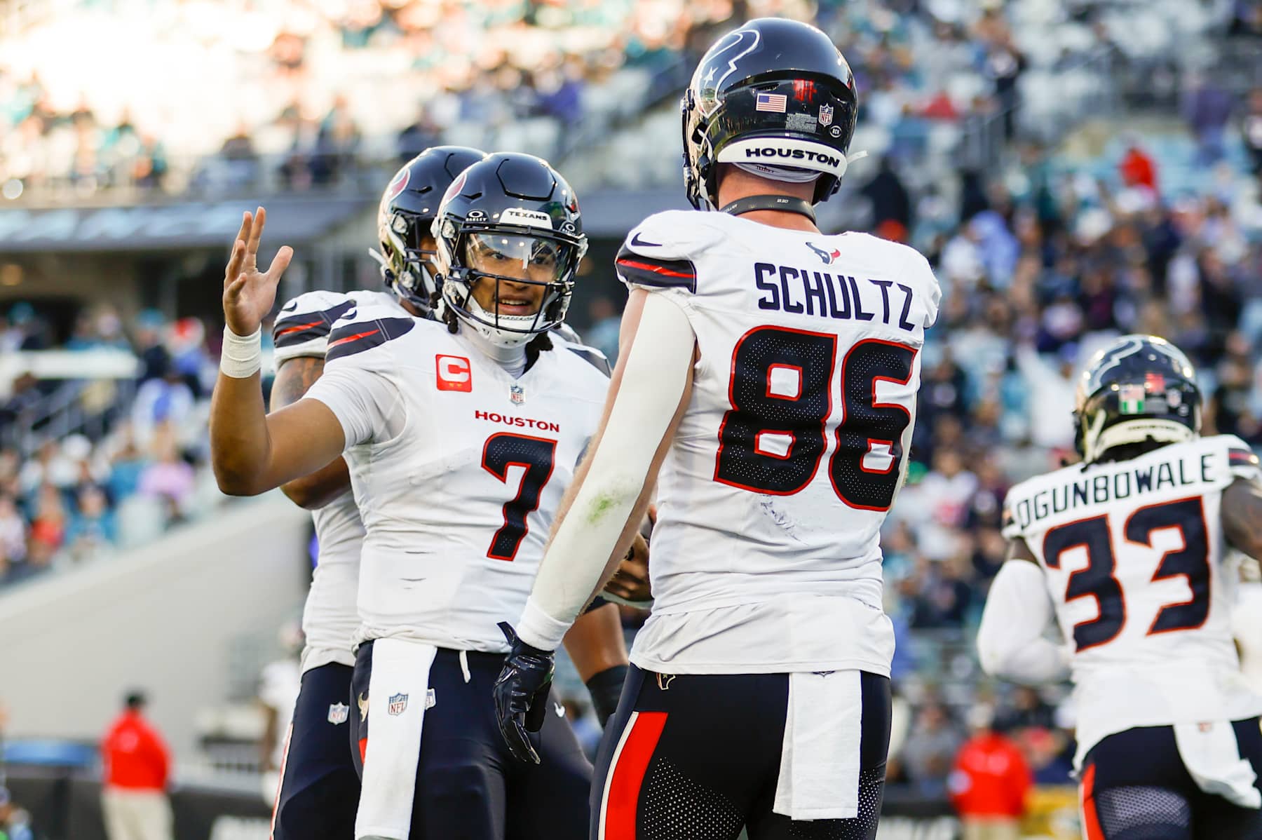 JACKSONVILLE, FL - DECEMBER 01: Houston Texans quarterback C.J. Stroud (7) celebrates a touchdown with Houston Texans tight end Dalton Schultz (86) during the game between the Jacksonville Jaguars and the Houston Texans on December 1, 2024 at EverBank Stadium in Jacksonville, Fl. (Photo by David Rosenblum/Icon Sportswire via Getty Images)