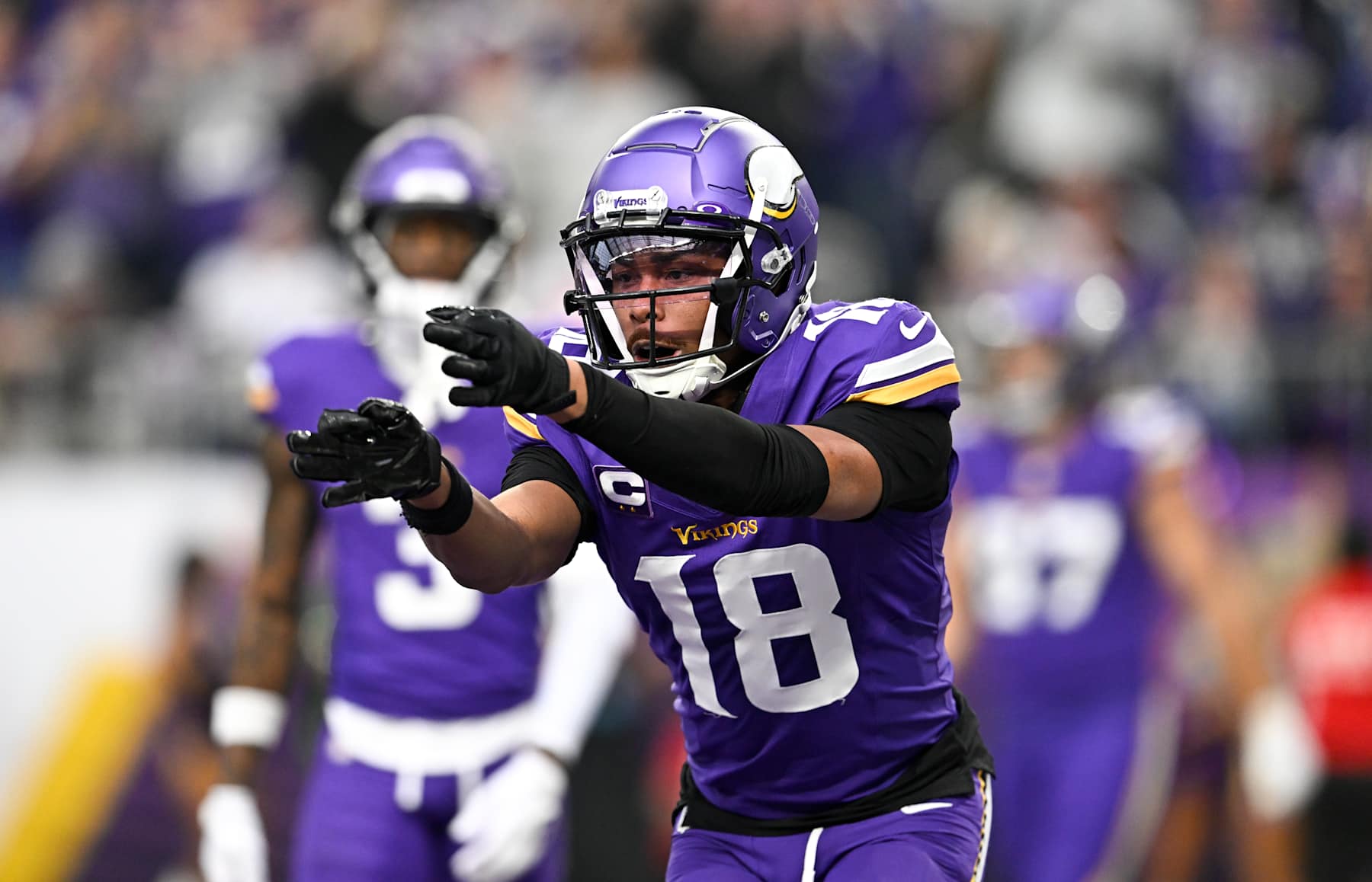 MINNEAPOLIS, MINNESOTA - DECEMBER 8: Justin Jefferson #18 of the Minnesota Vikings celebrates after scoring a touchdown in second quarter of the game against the Atlanta Falcons at U.S. Bank Stadium on December 8, 2024 in Minneapolis, Minnesota. The Vikings defeated the Falcons 42-21. (Photo by Stephen Maturen/Getty Images)