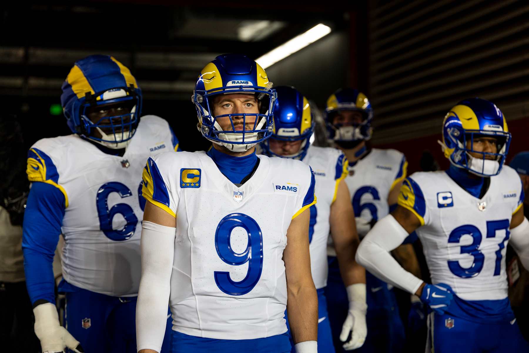 SANTA CLARA, CALIFORNIA - DECEMBER 12: Matthew Stafford #9 of the Los Angeles Rams looks on in the tunnel prior to an NFL Football game against the San Francisco 49ers at Levi's Stadium on December 12, 2024 in Santa Clara, California. (Photo by Michael Owens/Getty Images)