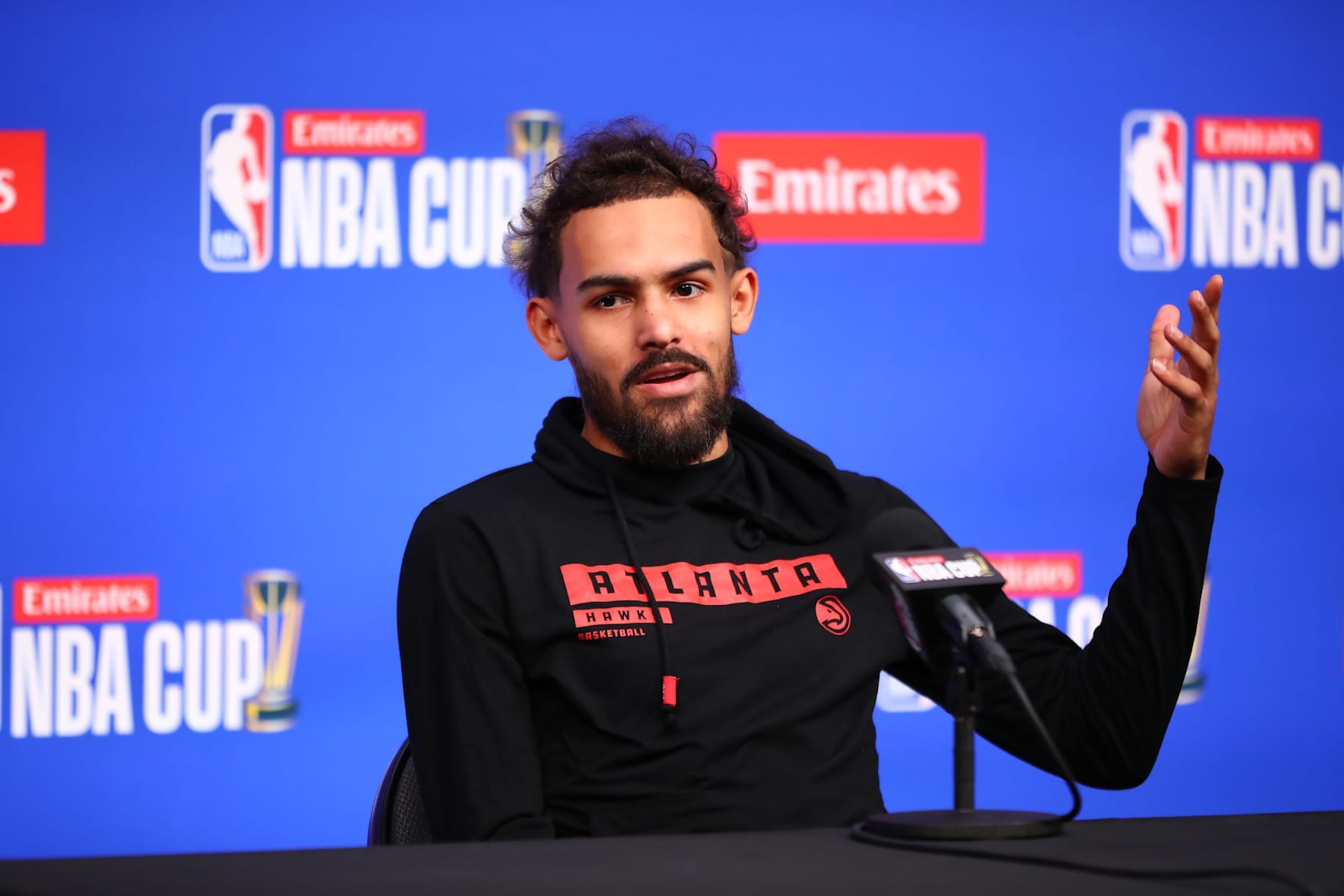 LAS VEGAS, NV - DECEMBER 13: Trae Young #11 of the Atlanta Hawks speaks to the media during media availability as part of the 2024 NBA Emirates Cup on December 13, 2024 at T-Mobile Arena in Las Vegas, Nevada. NOTE TO USER: User expressly acknowledges and agrees that, by downloading and or using this photograph, user is consenting to the terms and conditions of Getty Images License Agreement. Mandatory Copyright Notice: Copyright 2024 NBAE (Photo by David Nemec/NBAE via Getty Images)