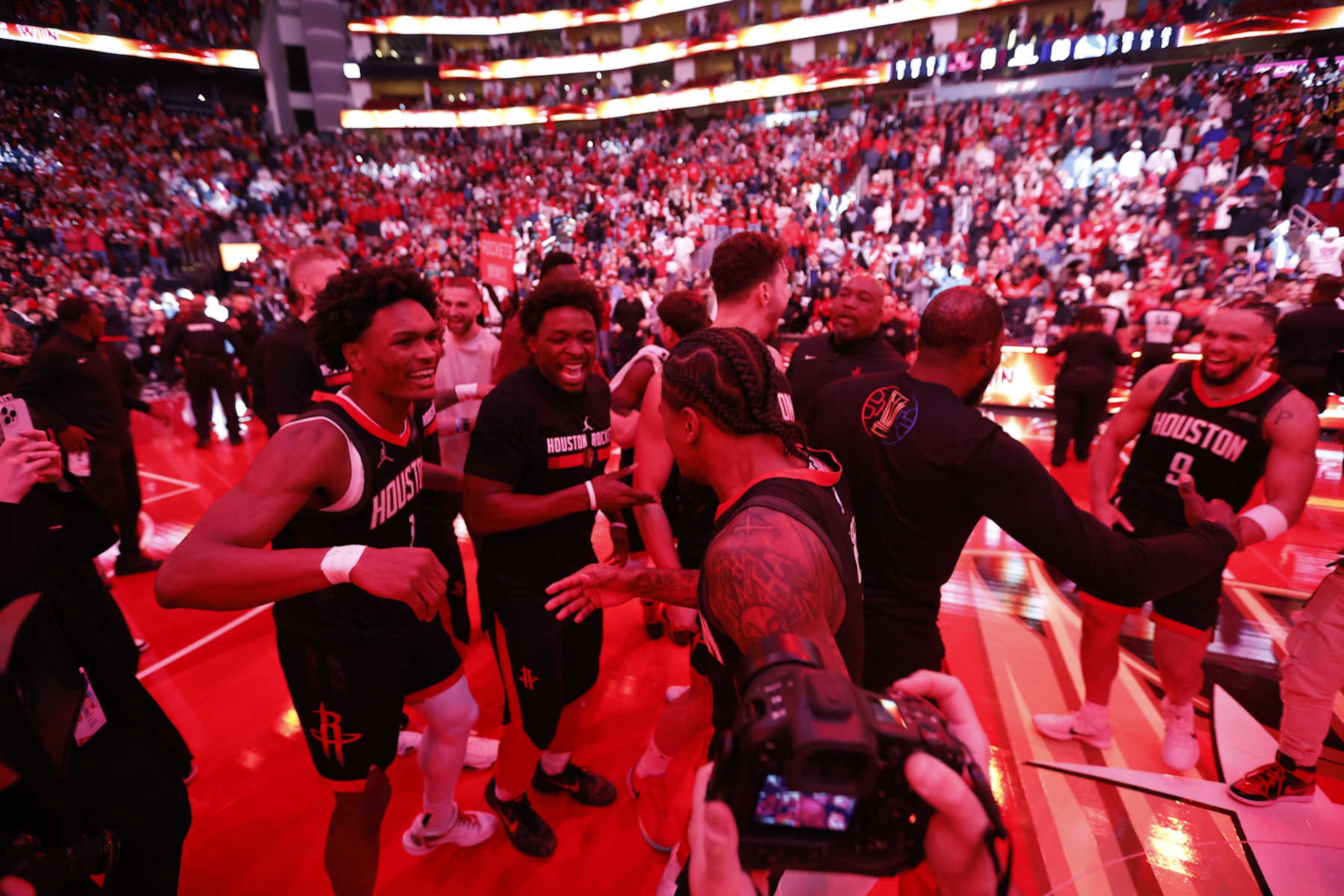 HOUSTON, TX - DECEMBER 11: Amen Thompson #1 and Jalen Green #4 of the Houston Rockets celebrate after the game against the Golden State Warriors during the Emirates NBA Cup Quarterfinals on December 11, 2024 at the Toyota Center in Houston, Texas. NOTE TO USER: User expressly acknowledges and agrees that, by downloading and or using this photograph, User is consenting to the terms and conditions of the Getty Images License Agreement. Mandatory Copyright Notice: Copyright 2024 NBAE (Photo by Logan Riely/NBAE via Getty Images)
