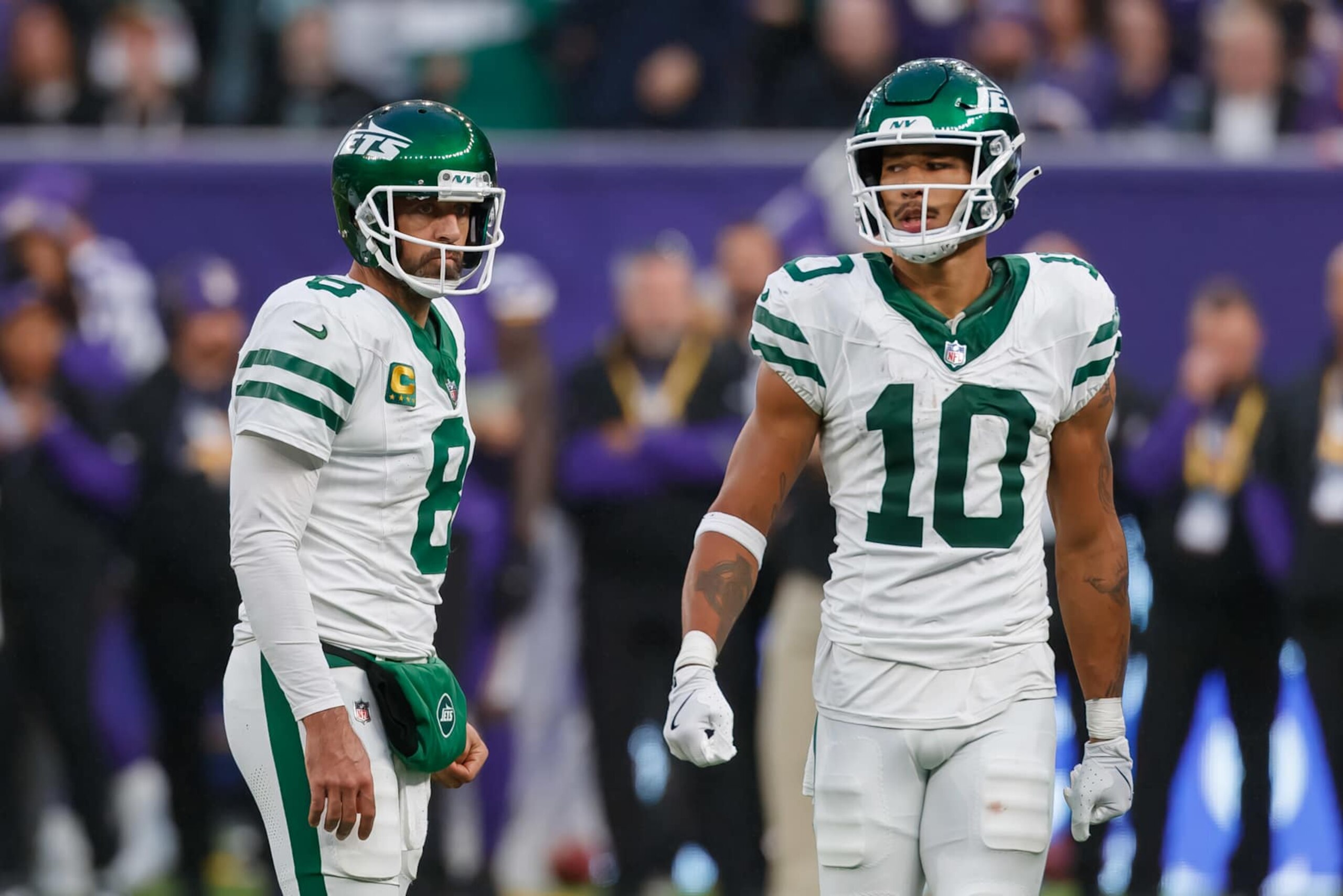 London, United Kingdom - October 6: Aaron Rodgers of New York Jets and Allen Lazard of New York Jets look on during the NFL match between New York Jets and Minnesota Vikings at Tottenham Hotspur Stadium on October 6, 2024 in London, England. (Photo by Mario Hommes/DeFodi Images via Getty Images)