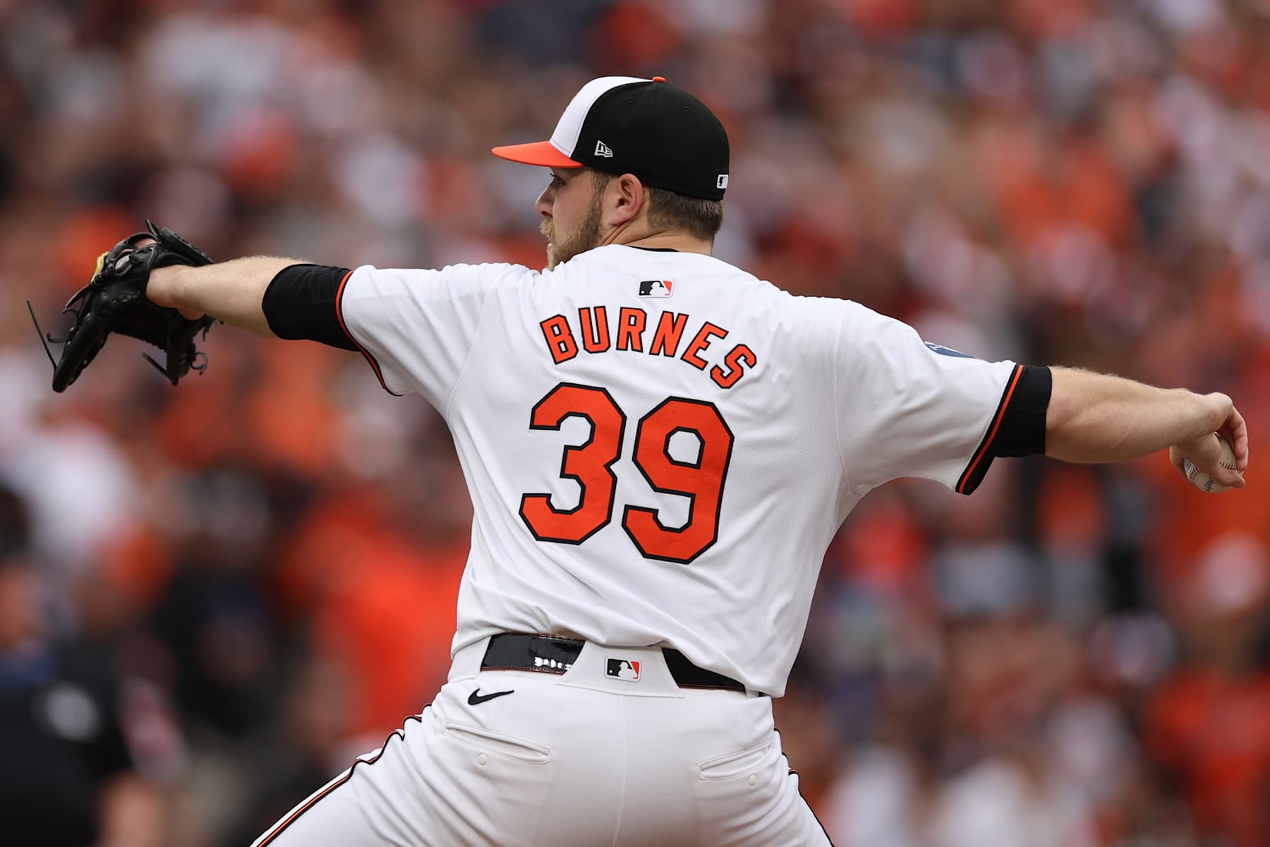 BALTIMORE, MARYLAND - OCTOBER 01: Corbin Burnes #39 of the Baltimore Orioles pitches the ball against the Kansas City Royals during the first inning of Game One of the Wild Card Series at Oriole Park at Camden Yards on October 01, 2024 in Baltimore, Maryland. (Photo by Patrick Smith/Getty Images)