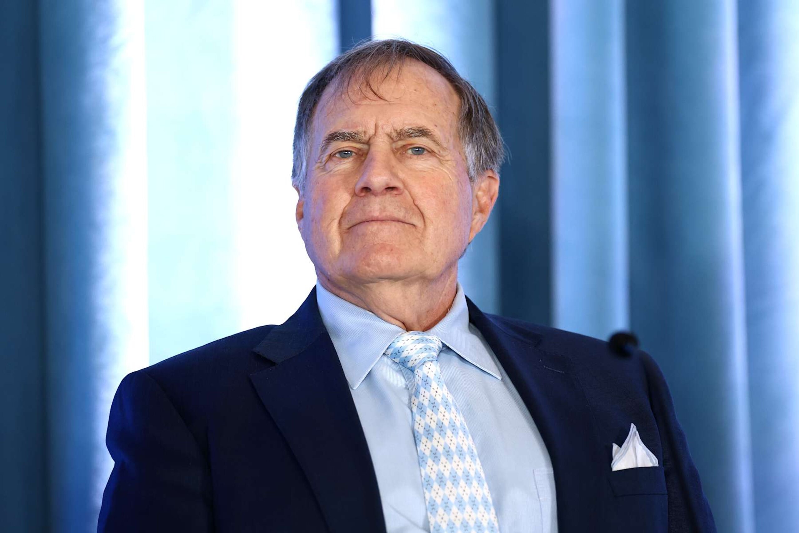 CHAPEL HILL, NORTH CAROLINA - DECEMBER 12: Head Coach Bill Belichick of the North Carolina Tar Heels looks on during a press conference on December 12, 2024 in Chapel Hill, North Carolina. (Photo by Jared C. Tilton/Getty Images)