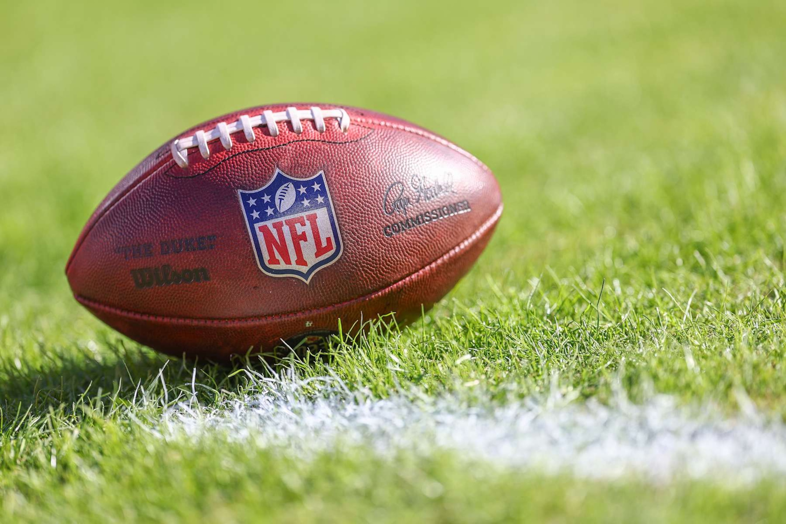 KANSAS CITY, MISSOURI - NOVEMBER 29: A detail of the NFL Shield logo on a game ball prior to a game between the Kansas City Chiefs and the Las Vegas Raiders at GEHA Field at Arrowhead Stadium on November 29, 2024 in Kansas City, Missouri. (Photo by Aaron M. Sprecher/Getty Images) KANSAS CITY, MISSOURI - NOVEMBER 29: A detail of the NFL Shield logo on a game ball prior to a game between the Kansas City Chiefs and the Las Vegas Raiders at GEHA Field at Arrowhead Stadium on November 29, 2024 in Kansas City, Missouri. (Photo by Aaron M. Sprecher/Getty Images)