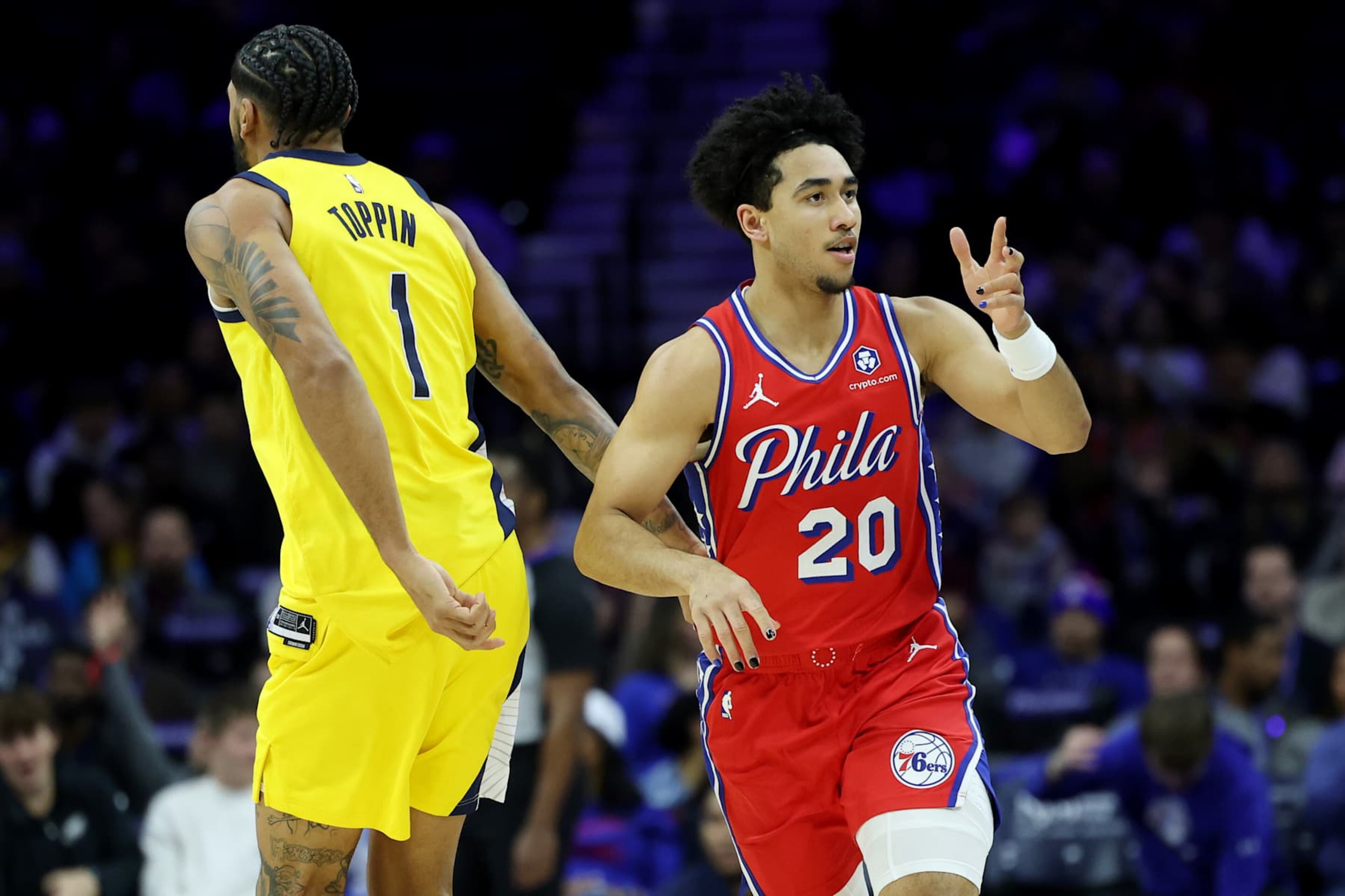 PHILADELPHIA, PENNSYLVANIA - DECEMBER 13: Jared McCain #20 of the Philadelphia 76ers celebrates a three-pointer during the first half against the Indiana Pacers at the Wells Fargo Center on December 13, 2024 in Philadelphia, Pennsylvania. NOTE TO USER: User expressly acknowledges and agrees that, by downloading and or using this photograph, User is consenting to the terms and conditions of the Getty Images License Agreement. (Photo by Emilee Chinn/Getty Images) PHILADELPHIA, PENNSYLVANIA - DECEMBER 13: Jared McCain #20 of the Philadelphia 76ers celebrates a three-pointer during the first half against the Indiana Pacers at the Wells Fargo Center on December 13, 2024 in Philadelphia, Pennsylvania. NOTE TO USER: User expressly acknowledges and agrees that, by downloading and or using this photograph, User is consenting to the terms and conditions of the Getty Images License Agreement. (Photo by Emilee Chinn/Getty Images)