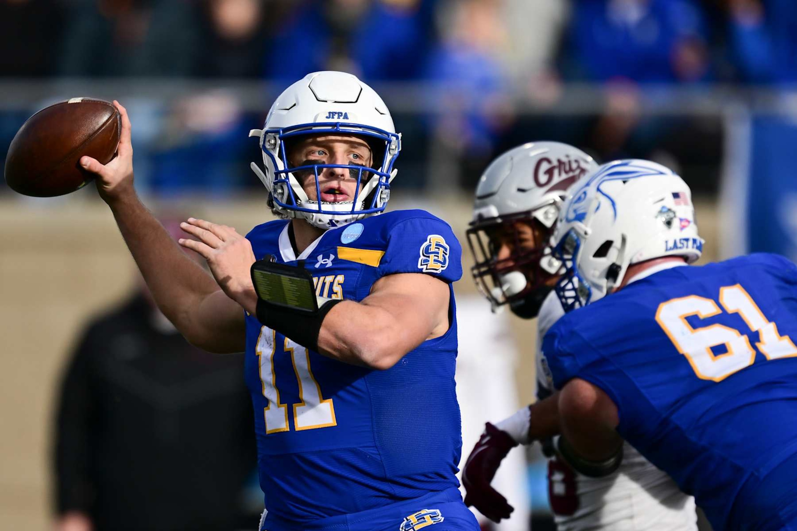 BROOKINGS , SOUTH DAKOTA - DECEMBER 07: Mark Gronowski #11 of the South Dakota State Jackrabbits throws a pass during the first half against the Montana Grizzlies at Dana J Dykhouse Stadium on December 7, 2024 in Brookings, South Dakota.  (Photo by Tommy Martino/University of Montana/Getty Images)