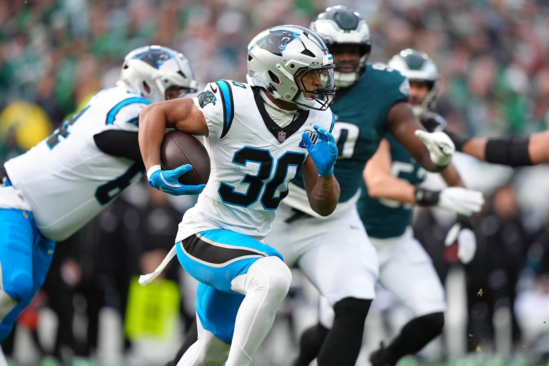 PHILADELPHIA, PA - DECEMBER 08: Carolina Panthers running back Chuba Hubbard (30) carries the ball in the first half during the game between the Carolina Panthers and Philadelphia Eagles on December 08, 2024 at Lincoln Financial Field in Philadelphia, PA. (Photo by Kyle Ross/Icon Sportswire via Getty Images)
