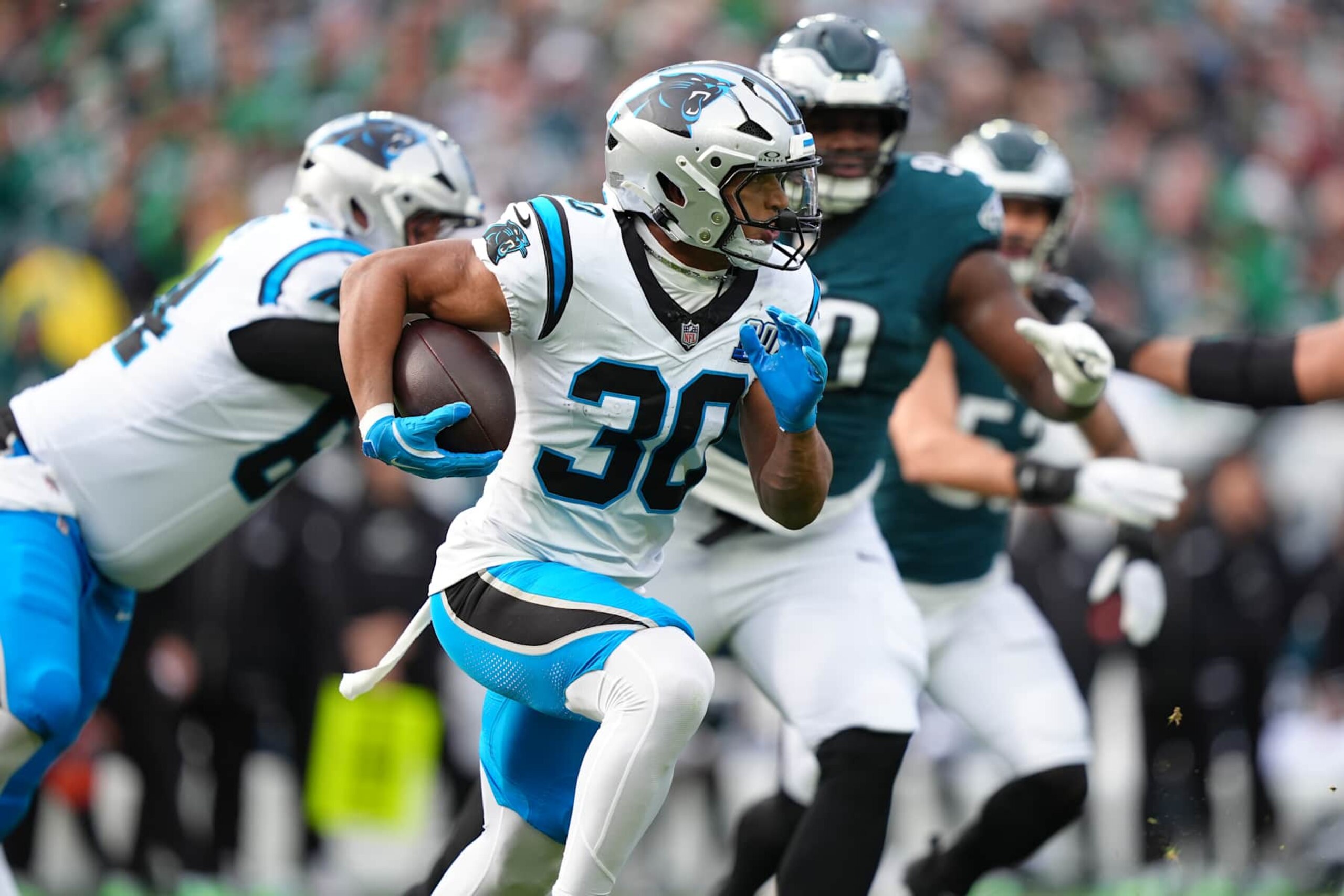PHILADELPHIA, PA - DECEMBER 08: Carolina Panthers running back Chuba Hubbard (30) carries the ball in the first half during the game between the Carolina Panthers and Philadelphia Eagles on December 08, 2024 at Lincoln Financial Field in Philadelphia, PA. (Photo by Kyle Ross/Icon Sportswire via Getty Images)