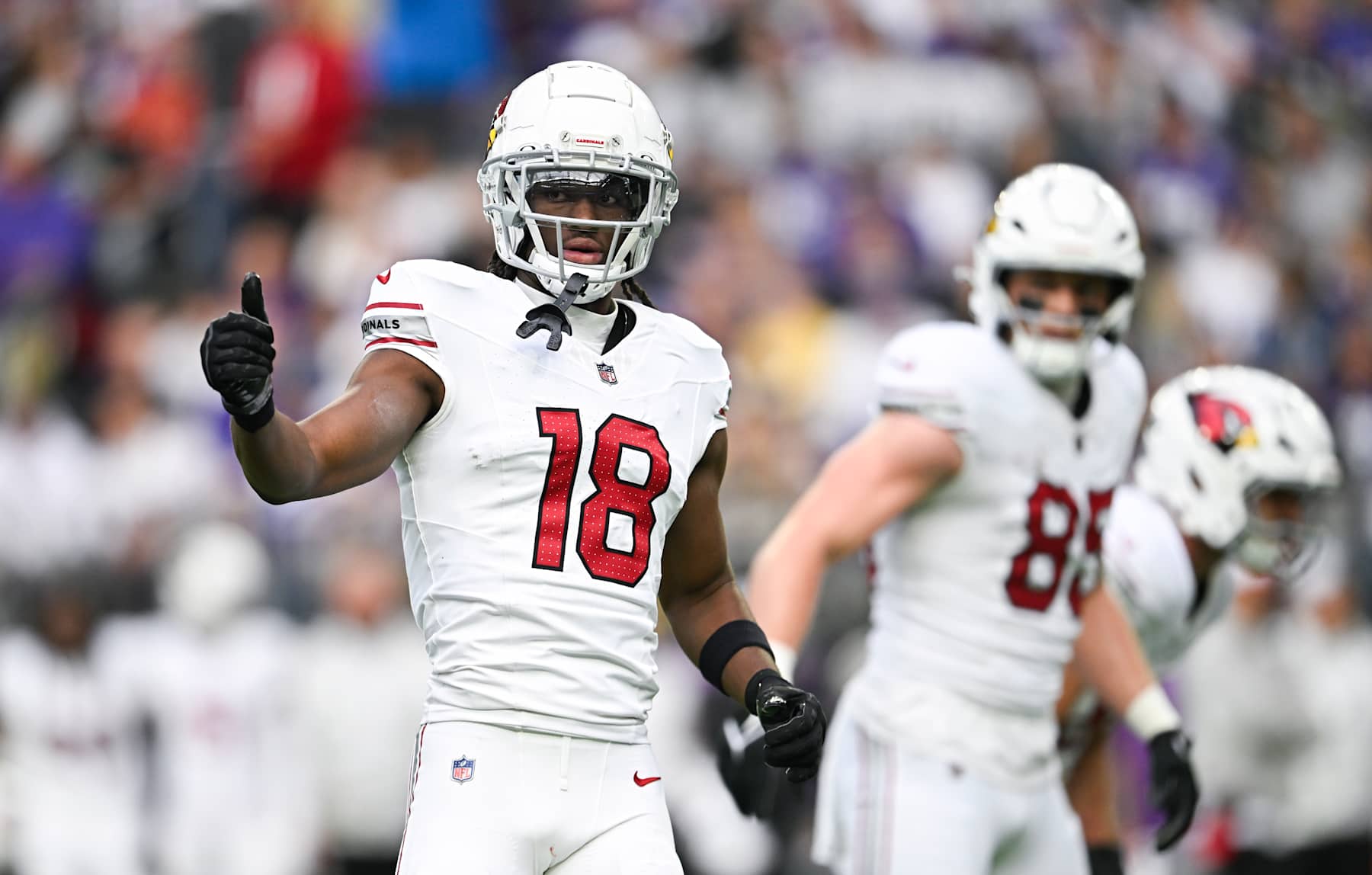 MINNEAPOLIS, MINNESOTA - DECEMBER 1: Marvin Harrison Jr. #18 of the Arizona Cardinals gestures in the first quarter of the game against the Minnesota Vikings at U.S. Bank Stadium on December 1, 2024 in Minneapolis, Minnesota. (Photo by Stephen Maturen/Getty Images)