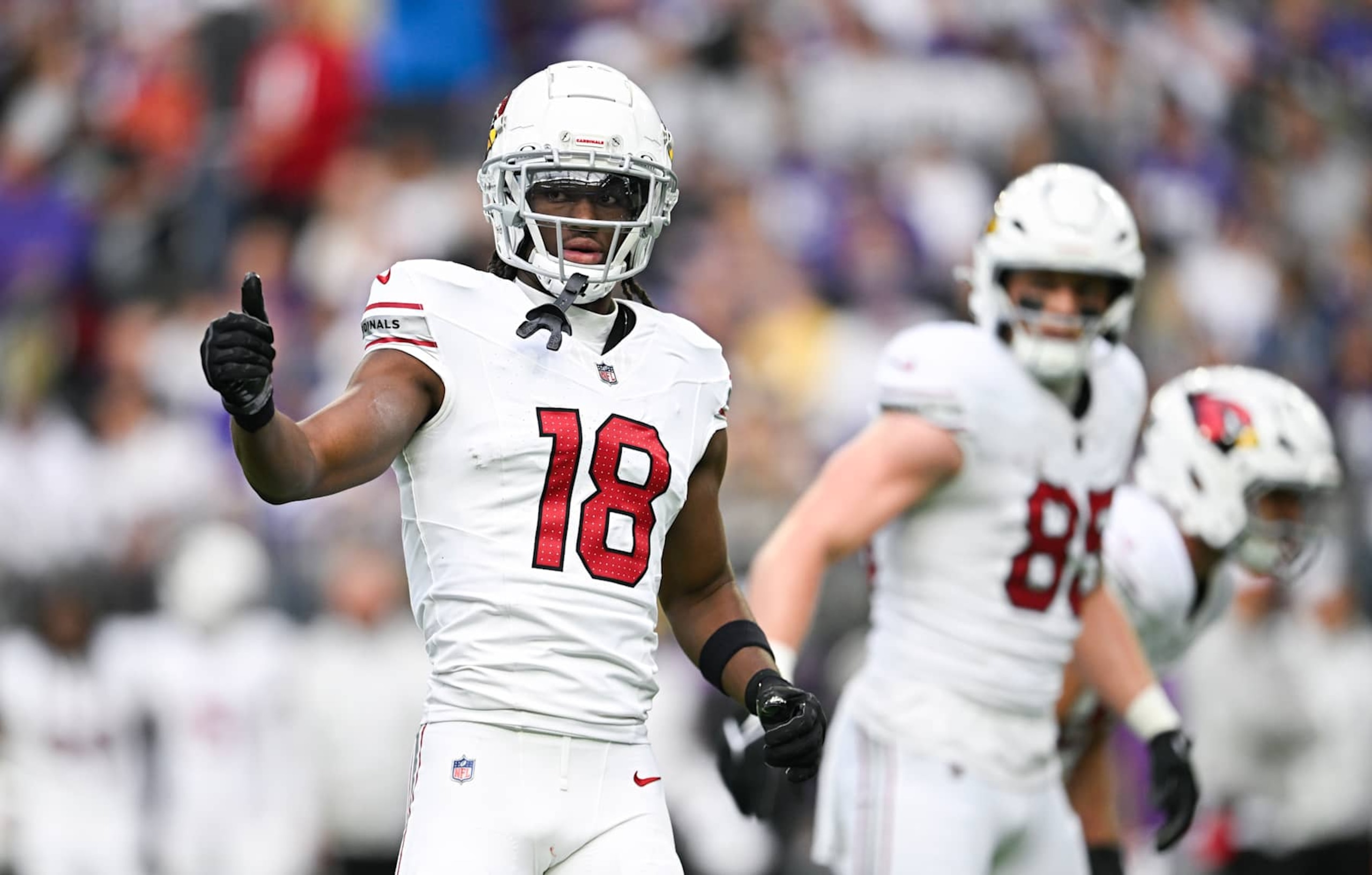 MINNEAPOLIS, MINNESOTA - DECEMBER 1: Marvin Harrison Jr. #18 of the Arizona Cardinals gestures in the first quarter of the game against the Minnesota Vikings at U.S. Bank Stadium on December 1, 2024 in Minneapolis, Minnesota. (Photo by Stephen Maturen/Getty Images)