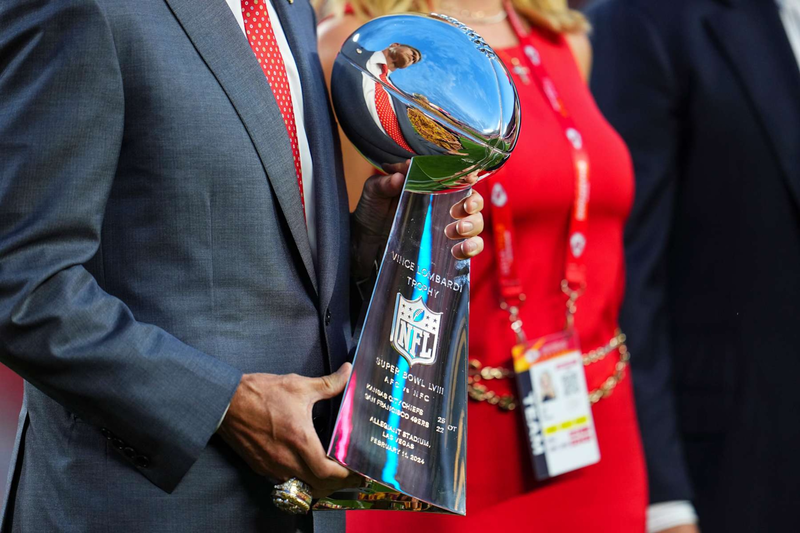 KANSAS CITY, MO - SEPTEMBER 05:  Detail view of the Vince Lombardi Trophy prior to an NFL football game between the Baltimore Ravens and the Kansas City Chiefs at GEHA Field at Arrowhead Stadium on September 5, 2024 in Kansas City, California. (Photo by Cooper Neill/Getty Images)