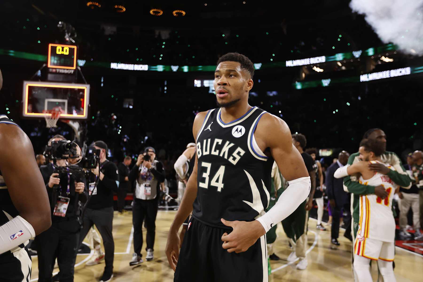 LAS VEGAS, NV - DECEMBER 14: Giannis Antetokounmpo #34 of the Milwaukee Bucks looks on after the game against the Atlanta Hawks during the Emirates NBA Cup Eastern Semifinals on December 14, 2024 at the T-Mobile Arena in Las Vegas, Nevada. NOTE TO USER: User expressly acknowledges and agrees that, by downloading and or using this photograph, User is consenting to the terms and conditions of the Getty Images License Agreement. Mandatory Copyright Notice: Copyright 2024 NBAE (Photo by Logan Riely/NBAE via Getty Images)