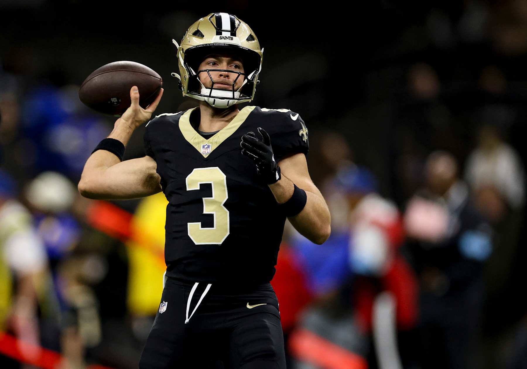 NEW ORLEANS, LOUISIANA - DECEMBER 1: Jake Haener #3 of the New Orleans Saints during warm ups before a game against the Los Angeles Rams at the Caesars Superdome on December 1, 2024 in New Orleans, Louisiana. (Photo by Derick E. Hingle/Getty Images)