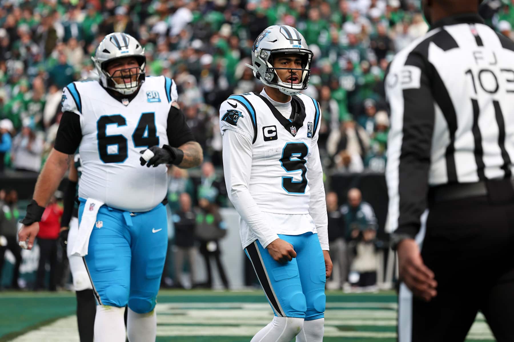 PHILADELPHIA, PENNSYLVANIA - DECEMBER 08: Bryce Young #9 of the Carolina Panthers reacts after a touchdown during a game against the Philadelphia Eagles at Lincoln Financial Field on December 08, 2024, in Philadelphia, Pennsylvania. The Eagles defeated the Panthers 22-16. (Kara Durrette/Getty Images)