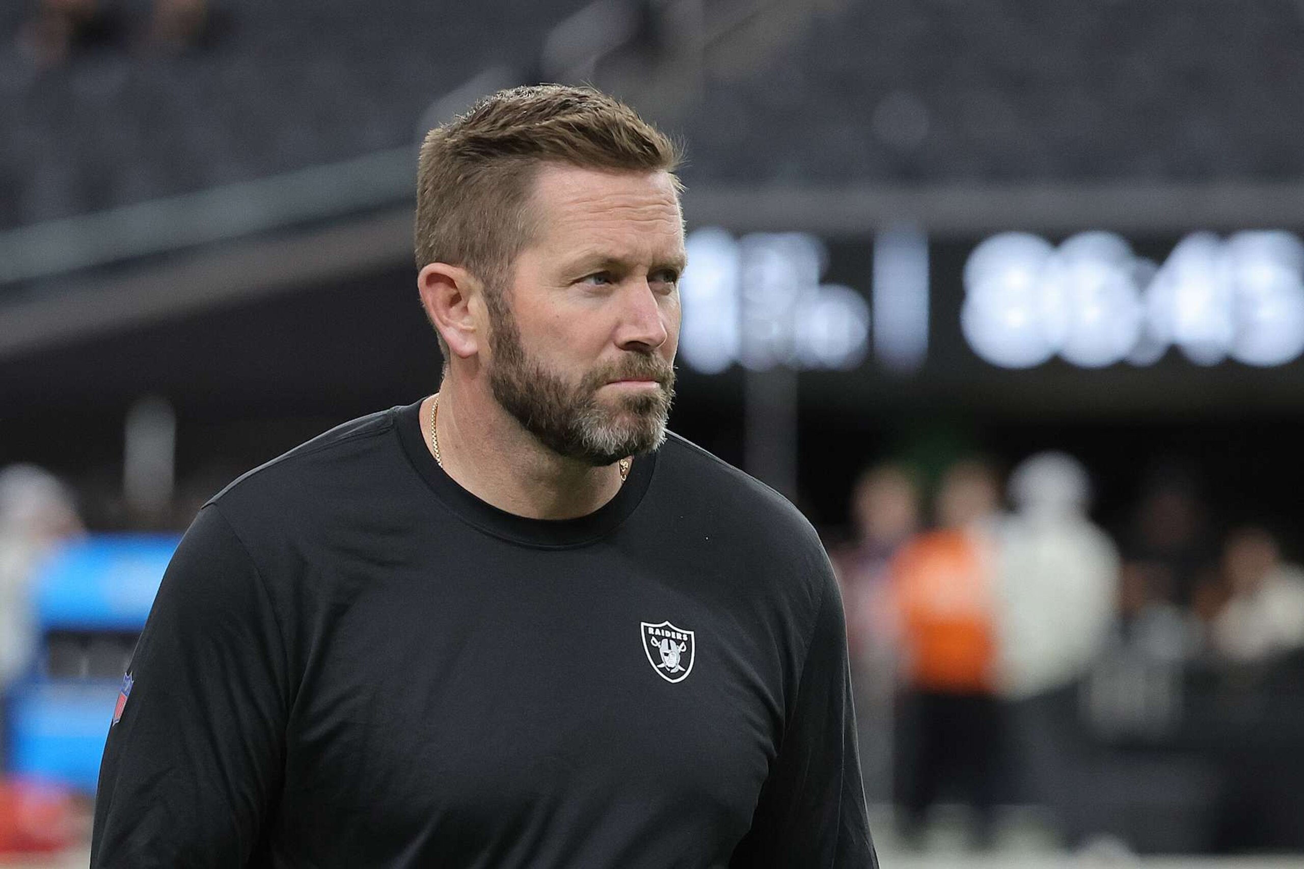 LAS VEGAS, NEVADA - NOVEMBER 24: Interim offensive coordinator Scott Turner of the Las Vegas Raiders looks on during warmups before a game against the Denver Broncos at Allegiant Stadium on November 24, 2024 in Las Vegas, Nevada. (Photo by Ethan Miller/Getty Images)