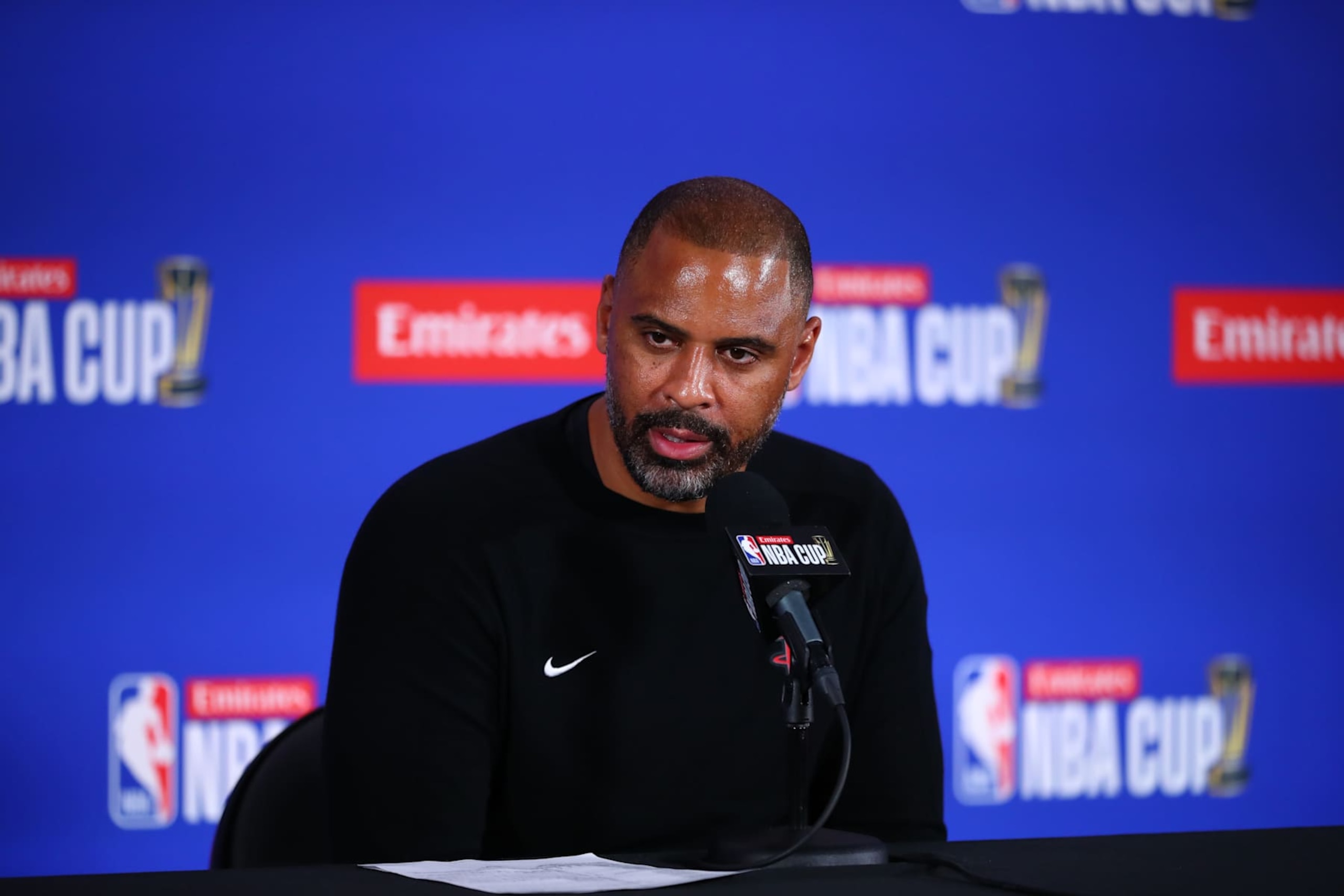 LAS VEGAS, NV - DECEMBER 14: Head Coach Ime Udoka of the Houston Rockets speaks to the media after the game against the Oklahoma City Thunder during the Emirates NBA Cup Semifinal game on December 14, 2024 at T-Mobile Arena in Las Vegas, Nevada. NOTE TO USER: User expressly acknowledges and agrees that, by downloading and/or using this Photograph, user is consenting to the terms and conditions of the Getty Images License Agreement. Mandatory Copyright Notice: Copyright 2024 NBAE (Photo by David L. Nemec/NBAE via Getty Images)