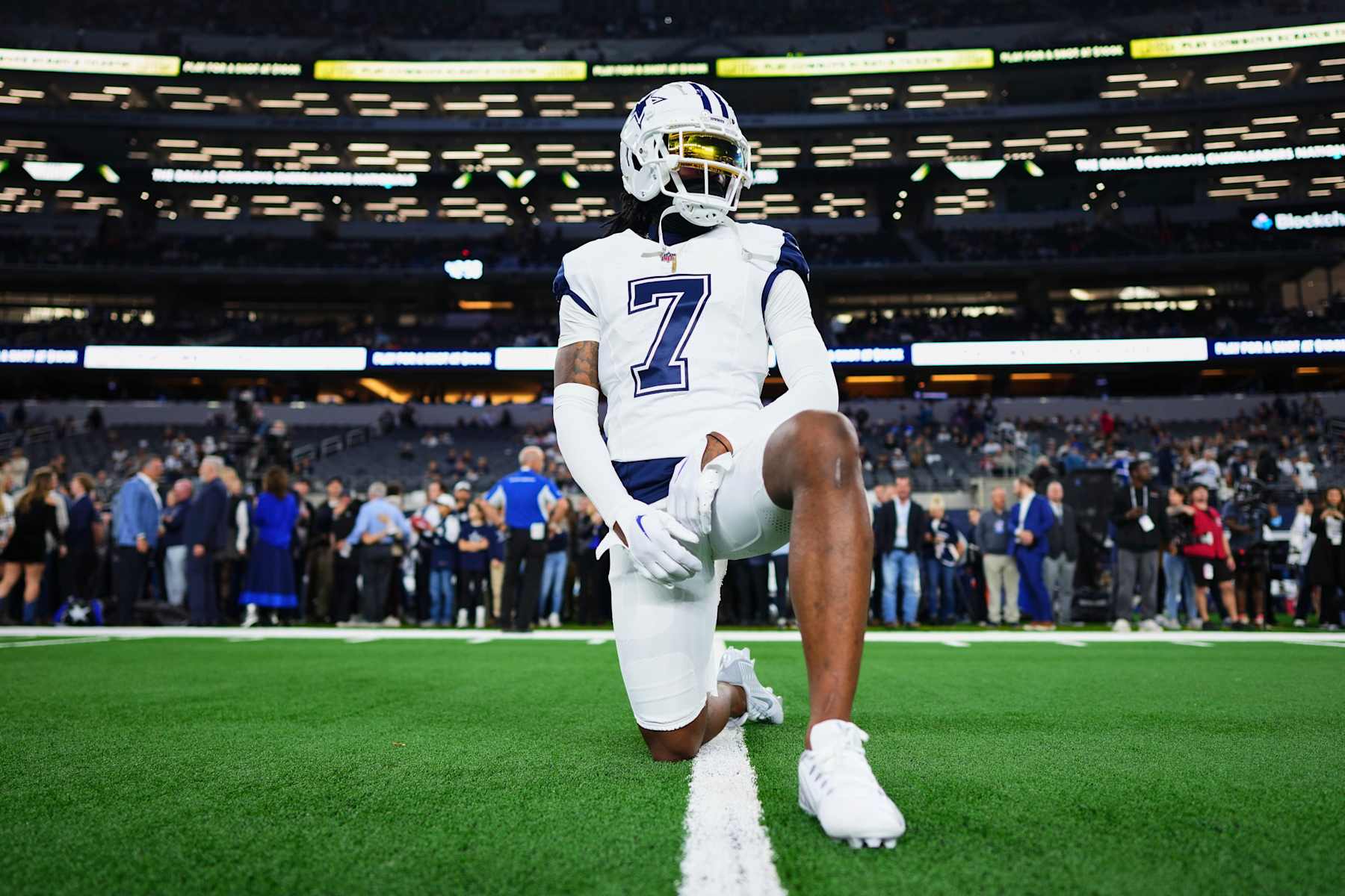 ARLINGTON, TX - DECEMBER 09: Trevon Diggs #7 of the Dallas Cowboys warms up before kickoff against the Cincinnati Bengals during an NFL football game at AT&T Stadium on December 9, 2024 in Arlington, Texas. (Photo by Cooper Neill/Getty Images)