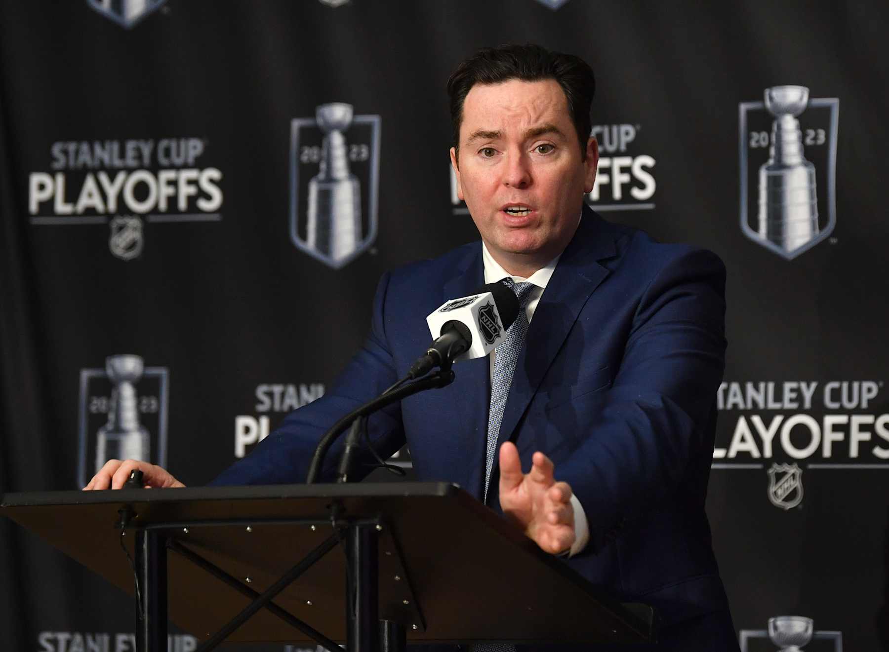 EDMONTON, CANADA - MAY 14 Jay Woodcroft of the Edmonton Oilers addresses the media after his team's loss to the Vegas Golden Knights in Game Six of the Second Round of the 2023 Stanley Cup Playoffs at Rogers Place on May 14, 2023, in Edmonton, Alberta, Canada. (Photo by Andy Devlin/NHLI via Getty Images)