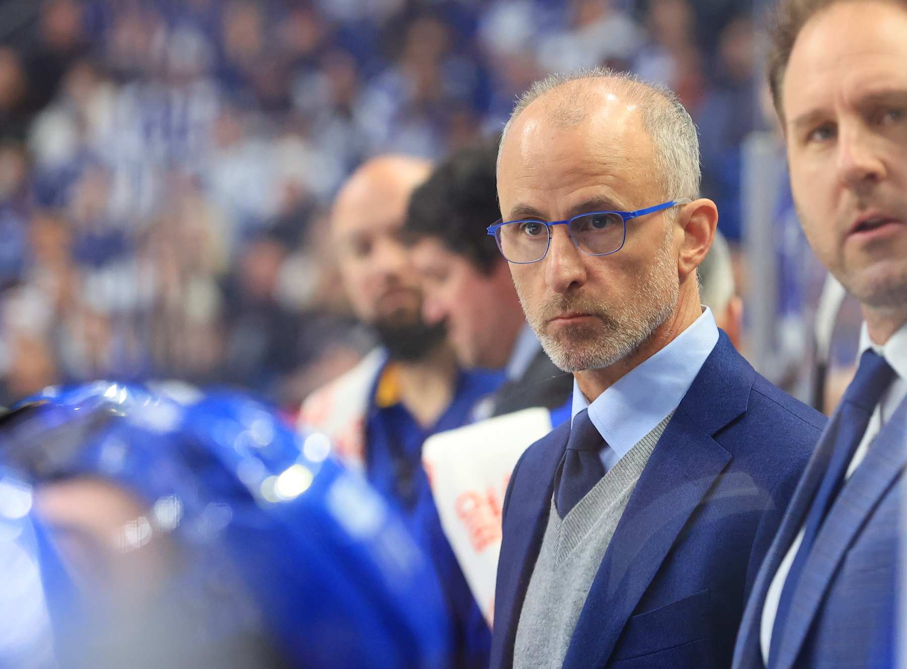 BUFFALO, NEW YORK - DECEMBER 21: Head coach Don Granato of the Buffalo Sabres watches the action against the Toronto Maple Leafs during an NHL game on December 21, 2023 at KeyBank Center in Buffalo, New York. (Photo by Bill Wippert/NHLI via Getty Images)
