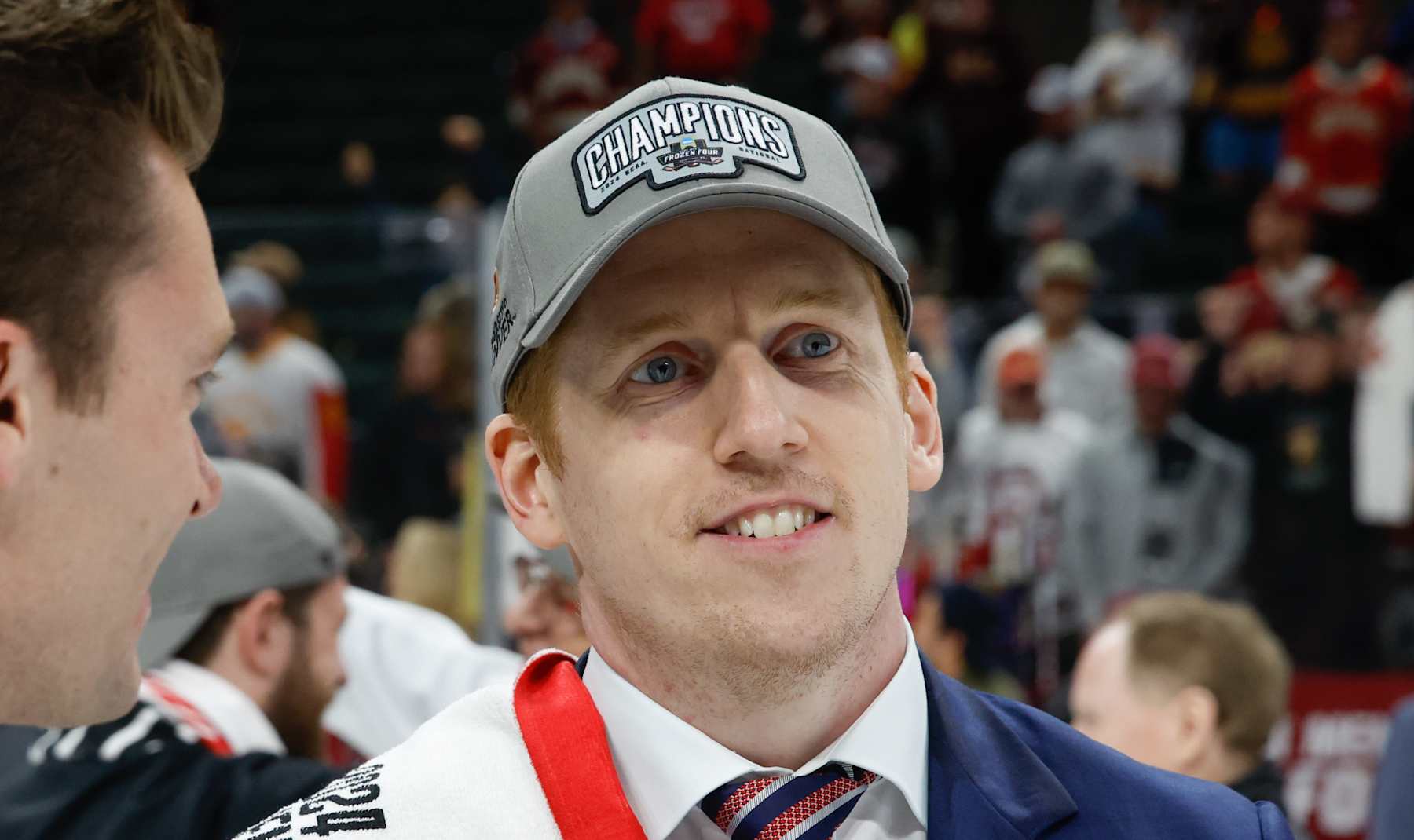 ST. PAUL, MINNESOTA - APRIL 13: Head coach David Carle of the Denver Pioneers smiles after the NCAA Mens Hockey Frozen Four final at the Xcel Energy Center on April 13, 2024 in St. Paul, Minnesota. The Pioneers won 2-0 against the Boston College Eagles to capture their tenth mens hockey national championship. (Photo by Richard T Gagnon/Getty Images)