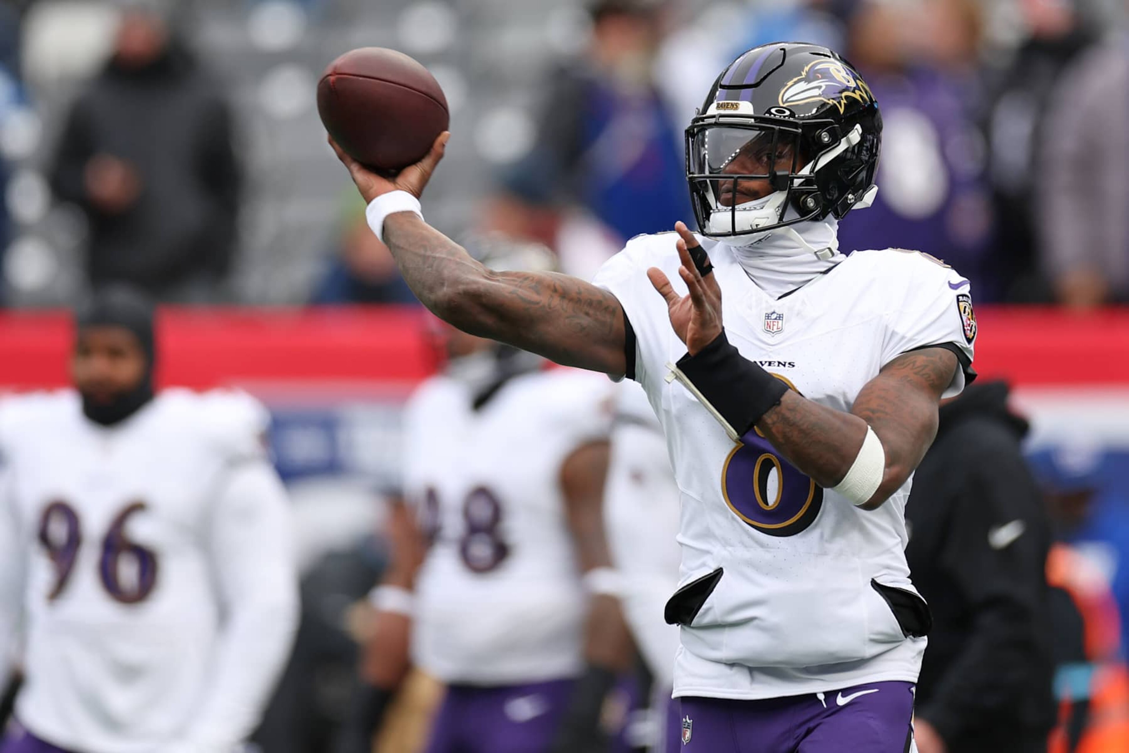 EAST RUTHERFORD, NEW JERSEY - DECEMBER 15: Lamar Jackson #8 of the Baltimore Ravens warms up prior to a game against the New York Giants at MetLife Stadium on December 15, 2024 in East Rutherford, New Jersey. (Photo by Luke Hales/Getty Images)