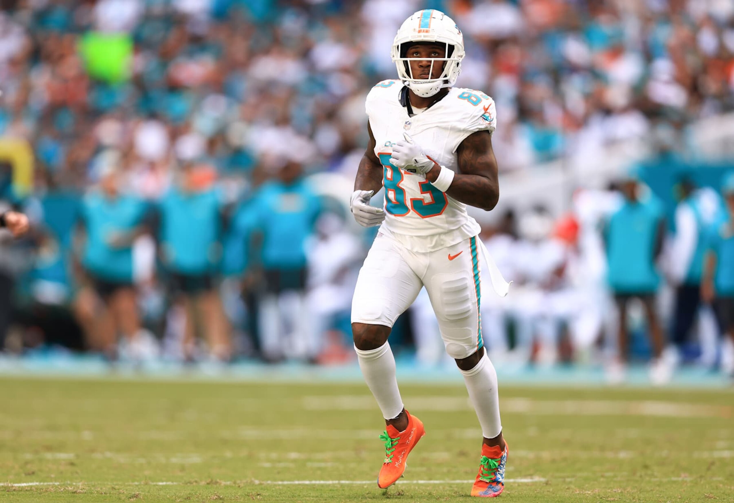 MIAMI GARDENS, FLORIDA - DECEMBER 08: Malik Washington #83 of the Miami Dolphins in action against the New York Jets during the first half of the game at Hard Rock Stadium on December 08, 2024 in Miami Gardens, Florida. (Photo by Megan Briggs/Getty Images) MIAMI GARDENS, FLORIDA - DECEMBER 08: Malik Washington #83 of the Miami Dolphins in action against the New York Jets during the first half of the game at Hard Rock Stadium on December 08, 2024 in Miami Gardens, Florida. (Photo by Megan Briggs/Getty Images)
