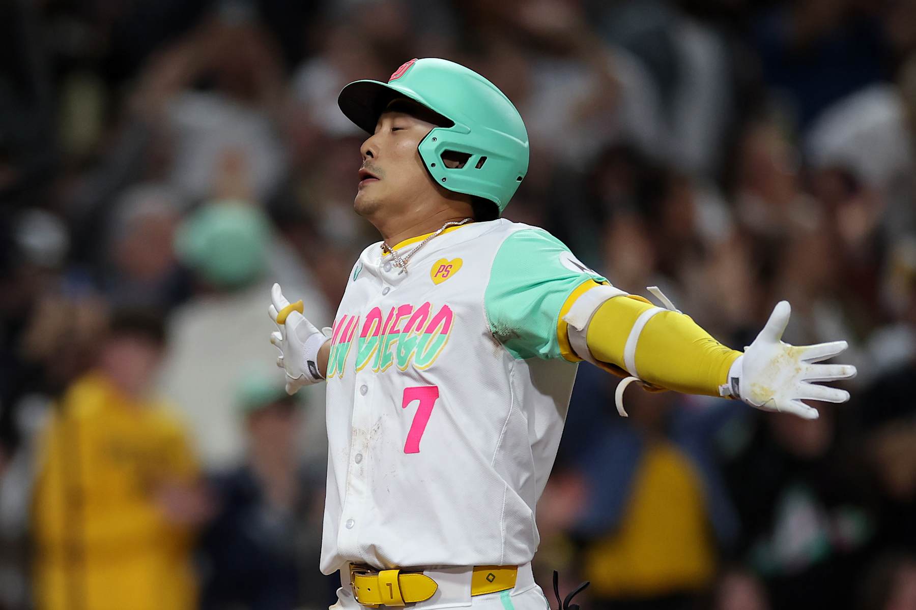 SAN DIEGO, CALIFORNIA - JUNE 07: Ha-Seong Kim #7 of the San Diego Padres reacts after hitting a two-run homerun during the sixth inning of a game against the Arizona Diamondbacks at Petco Park on June 07, 2024 in San Diego, California. (Photo by Sean M. Haffey/Getty Images)