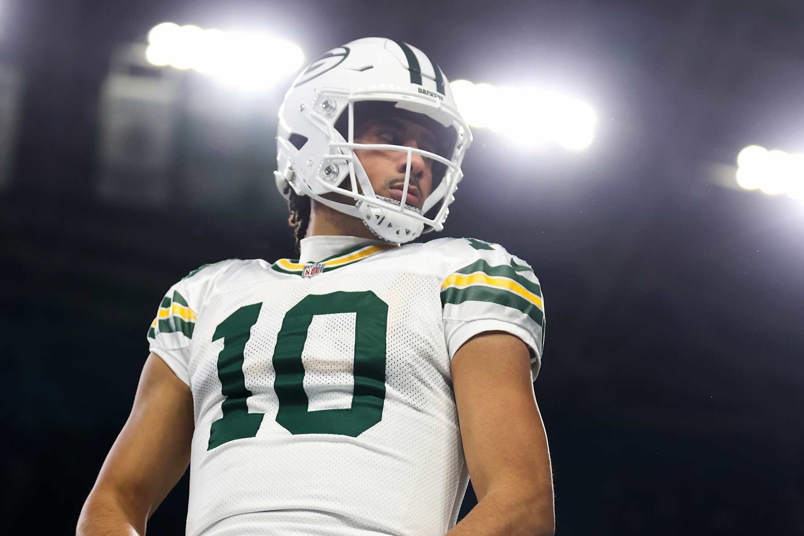 SEATTLE, WASHINGTON - DECEMBER 15: Jordan Love #10 of the Green Bay Packers looks on prior to a game against the Seattle Seahawks at Lumen Field on December 15, 2024 in Seattle, Washington. (Photo by Steph Chambers/Getty Images)